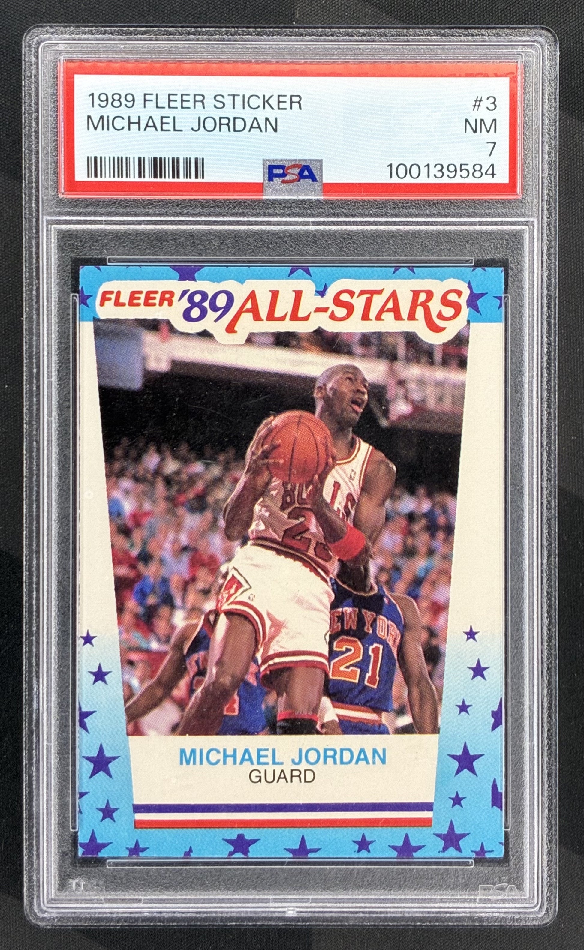 1989 Fleer Sticker Michael Jordan #3 PSA 7 NM Chicago Bulls basketball card vintage NBA Hall of Fame collectible.