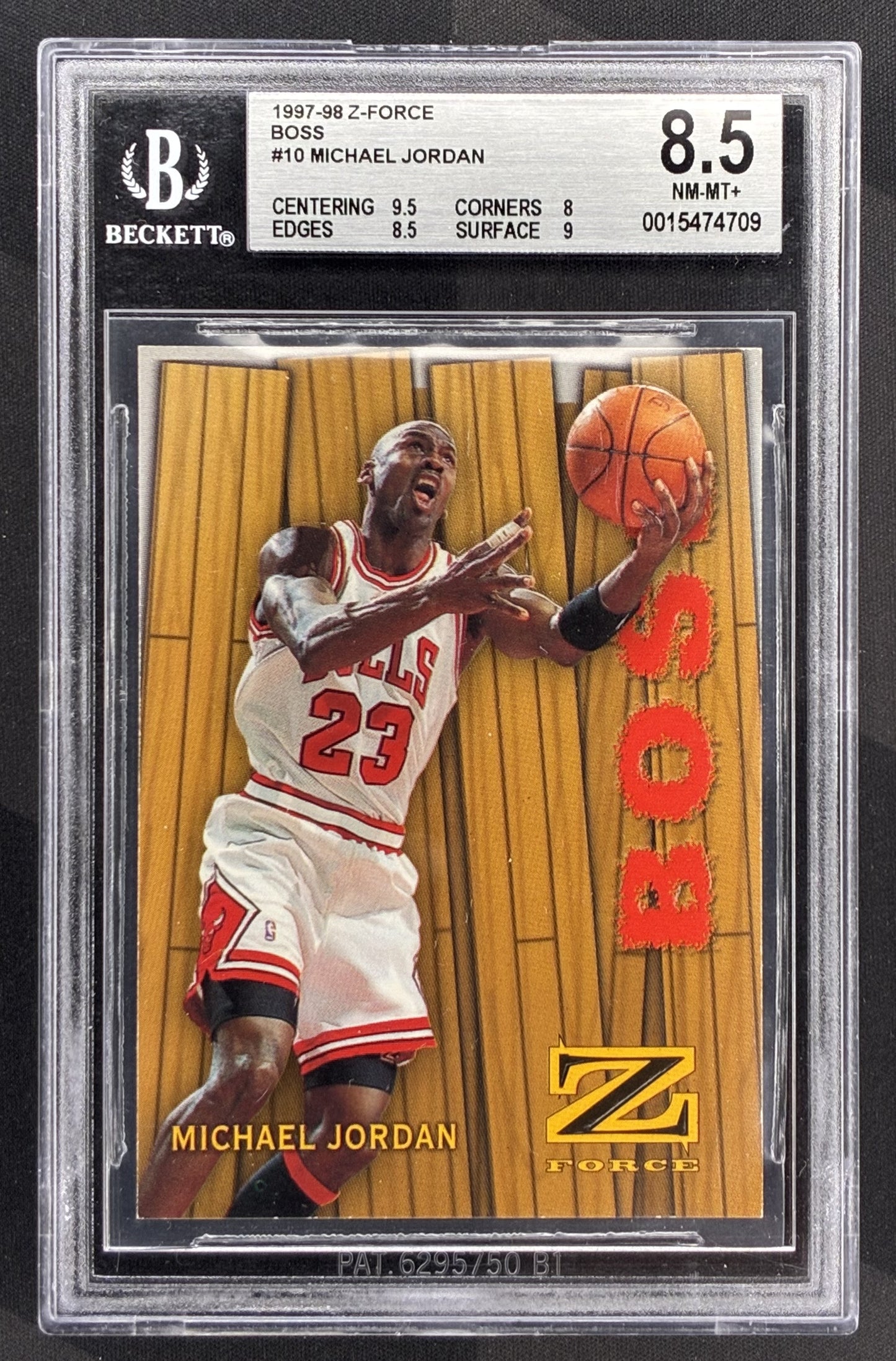 1997 SkyBox Z-Force Super Boss Michael Jordan #10 BGS 8.5 NM-MT+ Chicago Bulls basketball card rare 1990s insert collectible.