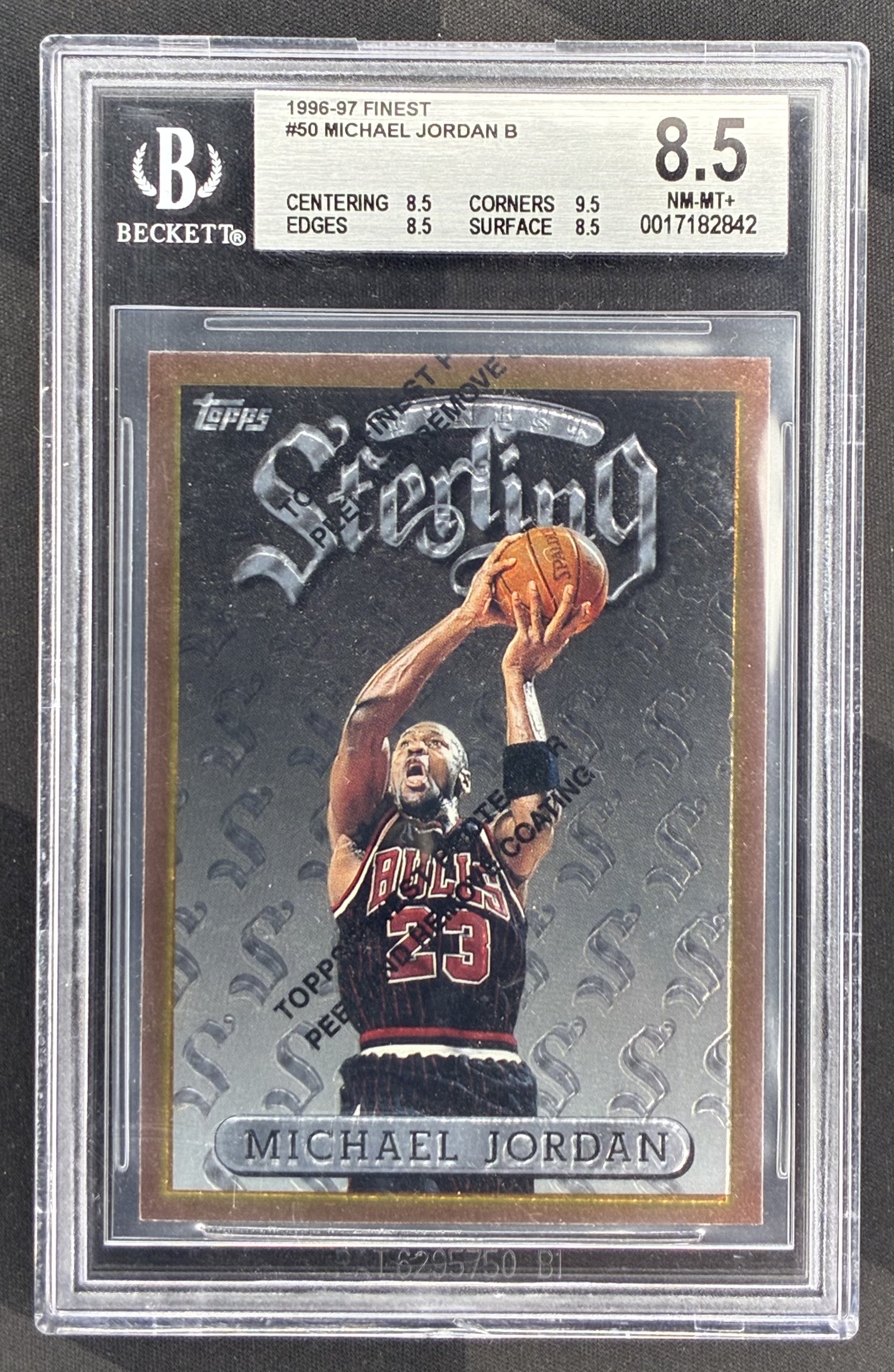 1996-97 Topps Finest Sterling Michael Jordan #50 BGS 8.5 NM-MT+ Chicago Bulls basketball card premium chrome insert collectible.