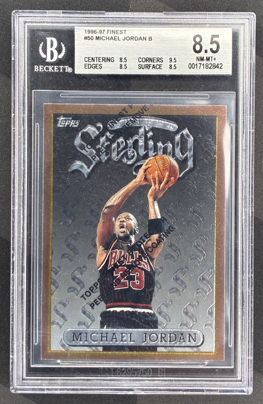 1996-97 Topps Finest Sterling Michael Jordan #50 BGS 8.5 NM-MT+ Chicago Bulls basketball card premium chrome insert collectible.