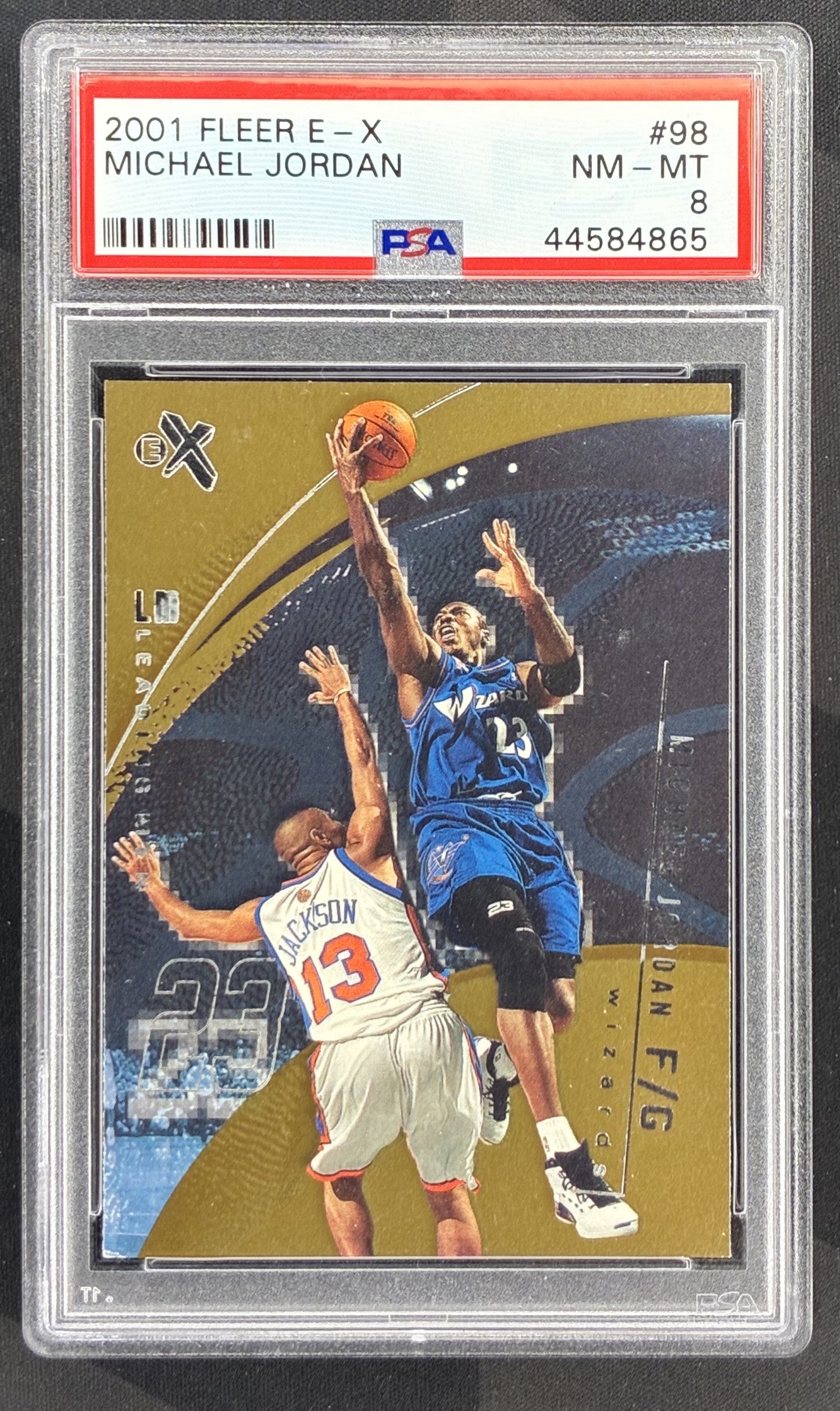 2001 Fleer E-X Leading Men Michael Jordan #98 PSA 8 NM-MT Washington Wizards basketball card Hall of Fame collectible.