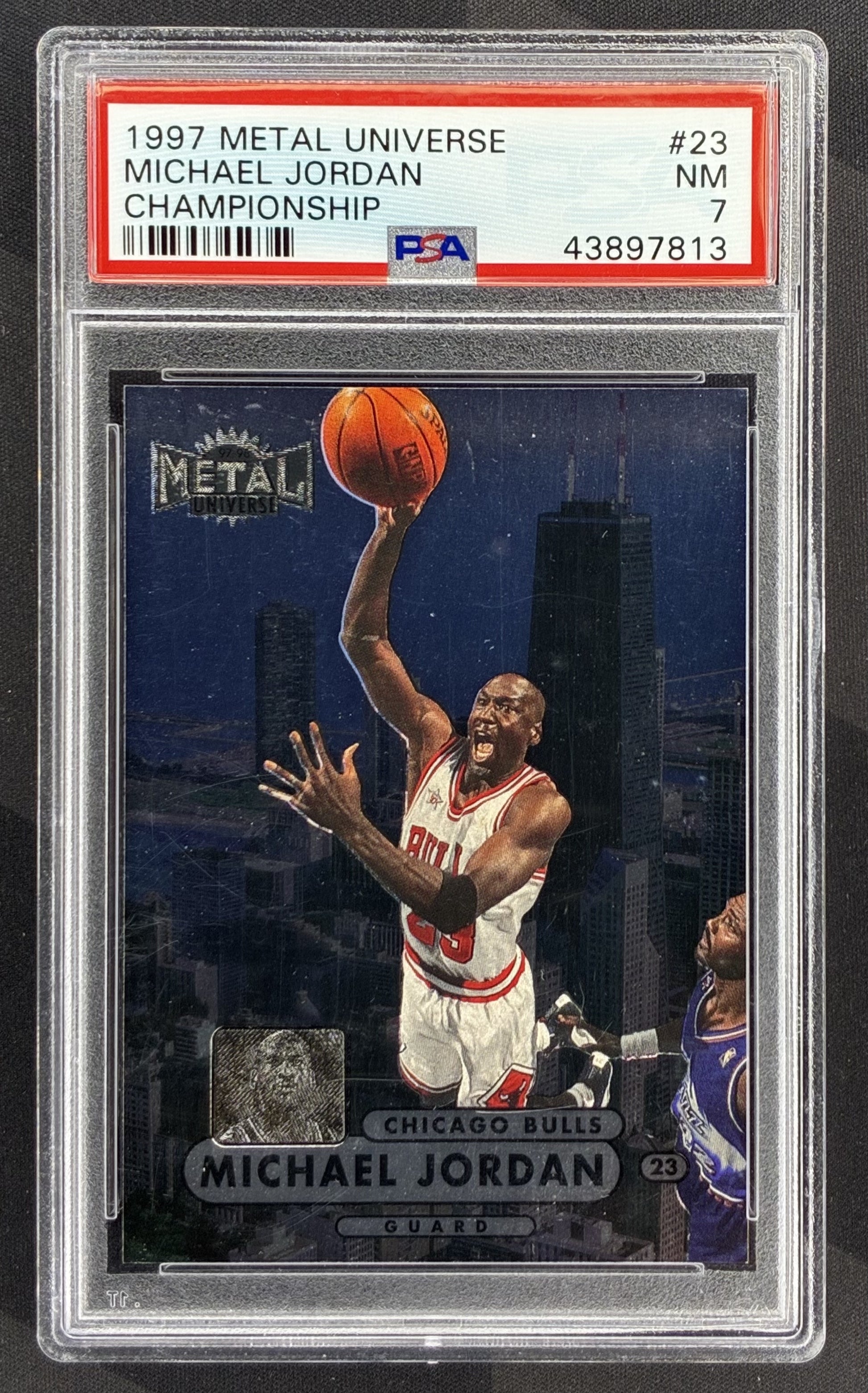 1997-98 Metal Universe Championship Preview Michael Jordan #23 PSA 7 NM Chicago Bulls basketball card 1990s NBA collectible.