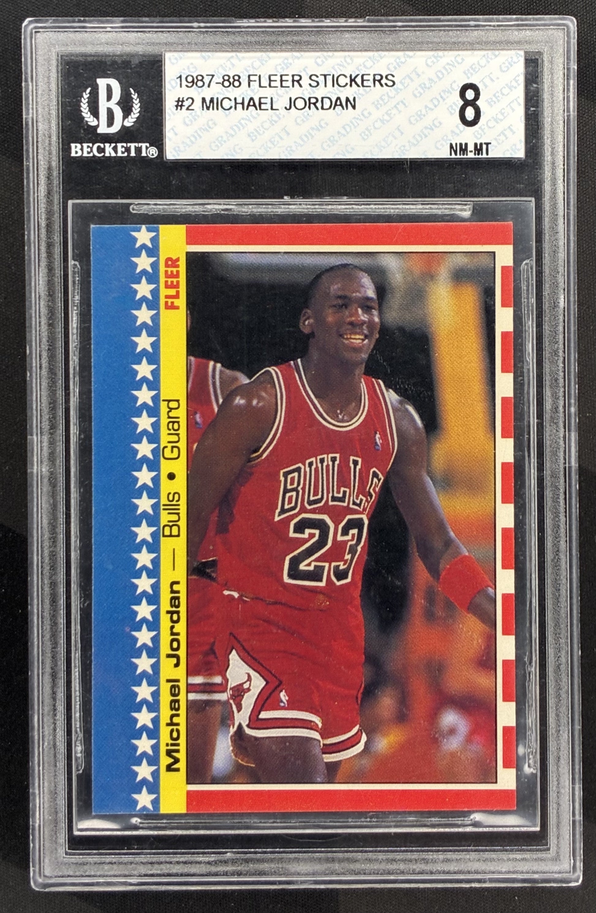 1987 Fleer Sticker Michael Jordan #2 BGS 8 NM-MT Chicago Bulls basketball card vintage NBA Hall of Fame collectible.