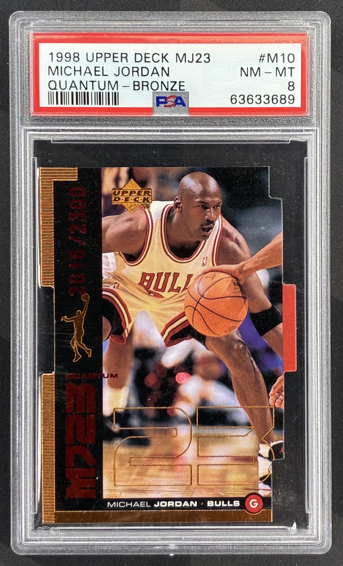 1998 Upper Deck MJ23 Quantum Bronze Die-Cut Michael Jordan #M10 /2300 PSA 8 Chicago Bulls basketball card serial numbered collectible.