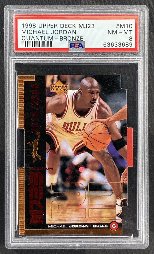 1998 Upper Deck MJ23 Quantum Bronze Die-Cut Michael Jordan #M10 /2300 PSA 8 Chicago Bulls basketball card serial numbered collectible.