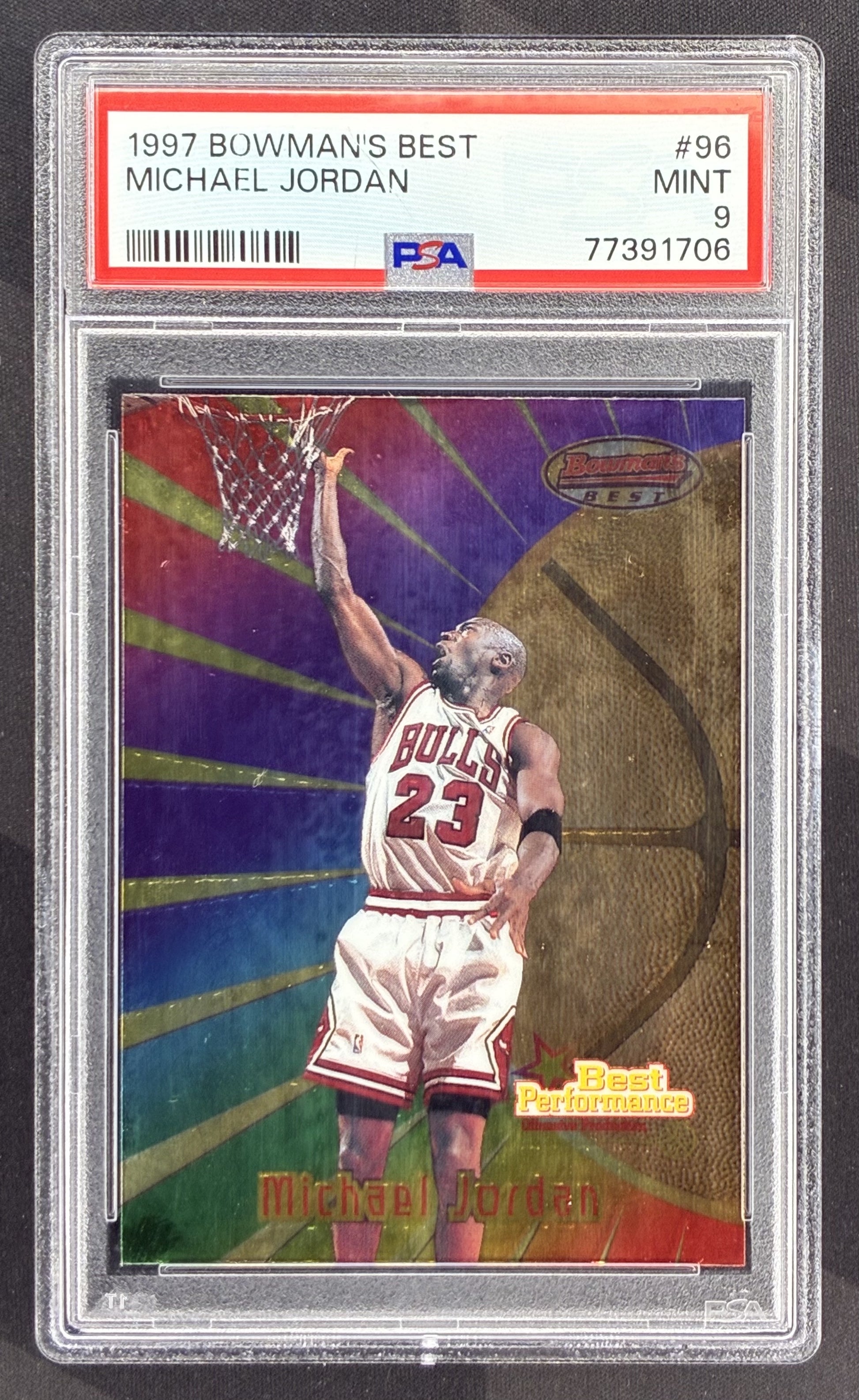 1997 Bowman's Best Michael Jordan #96 PSA 9 Mint Chicago Bulls basketball card Topps chrome NBA Hall of Fame collectible.
