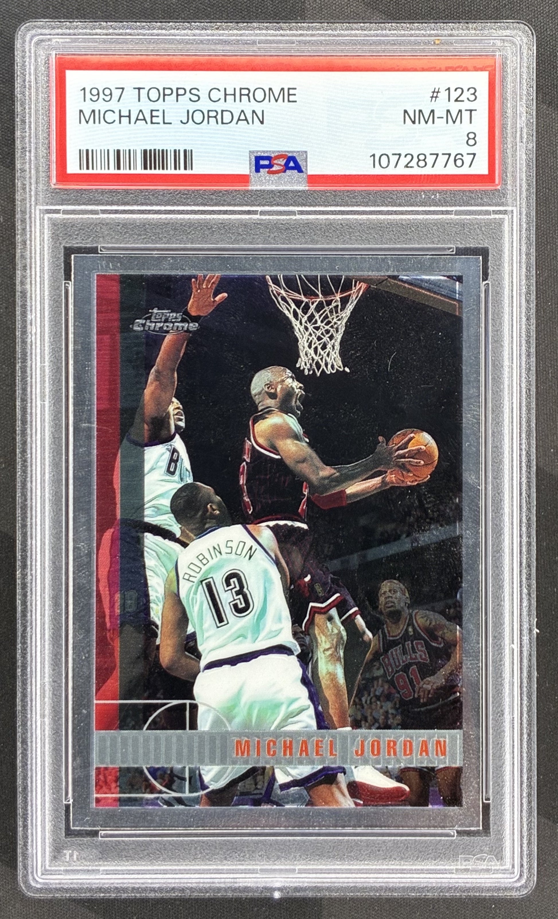 1997 Topps Chrome Michael Jordan #123 PSA 8 NM-MT Chicago Bulls basketball card chrome NBA Hall of Fame collectible.