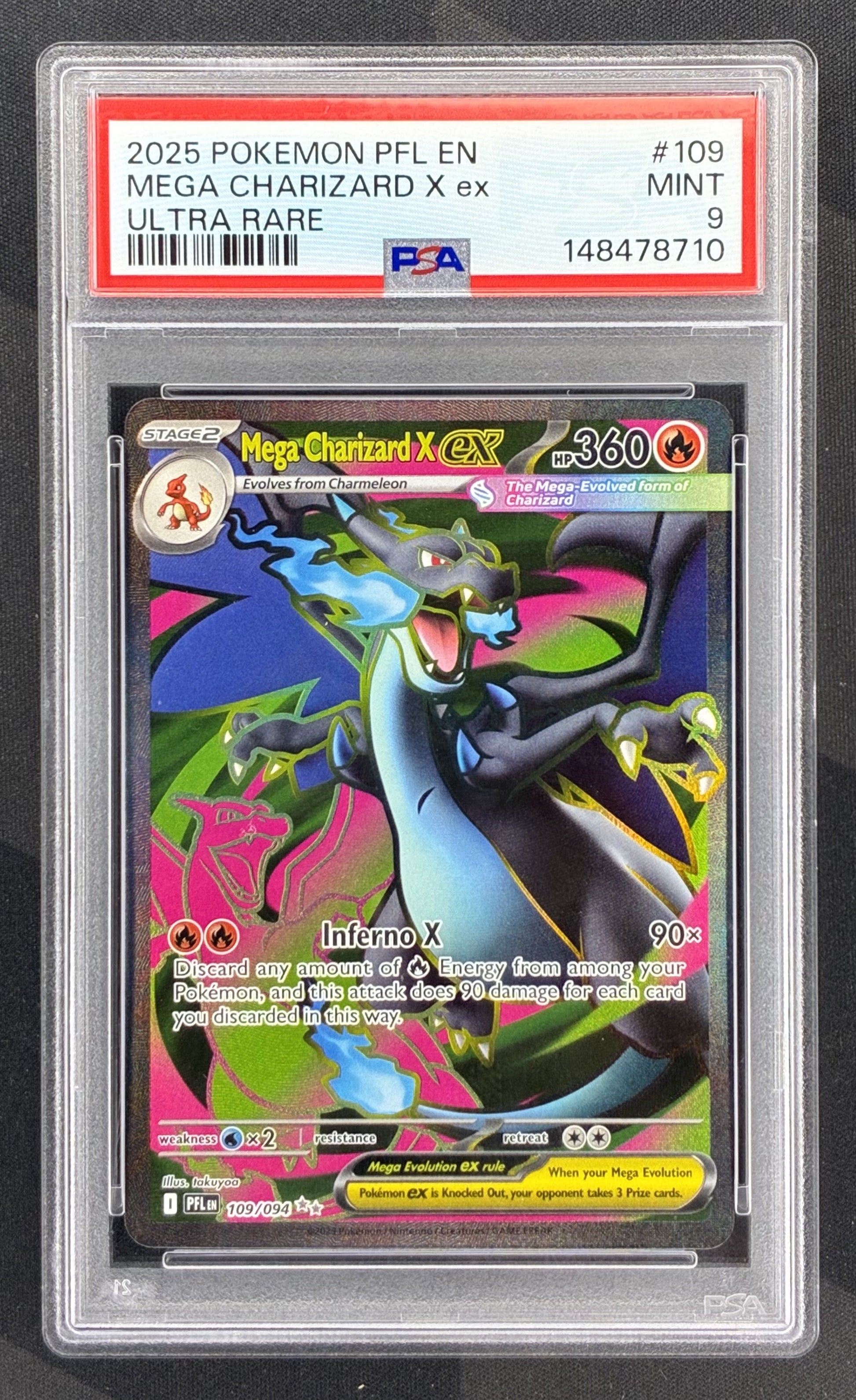 2025 Pokémon Mega Charizard X ex 109/094 Phantasmal Flames Holo PSA 9 Mint graded trading card.
