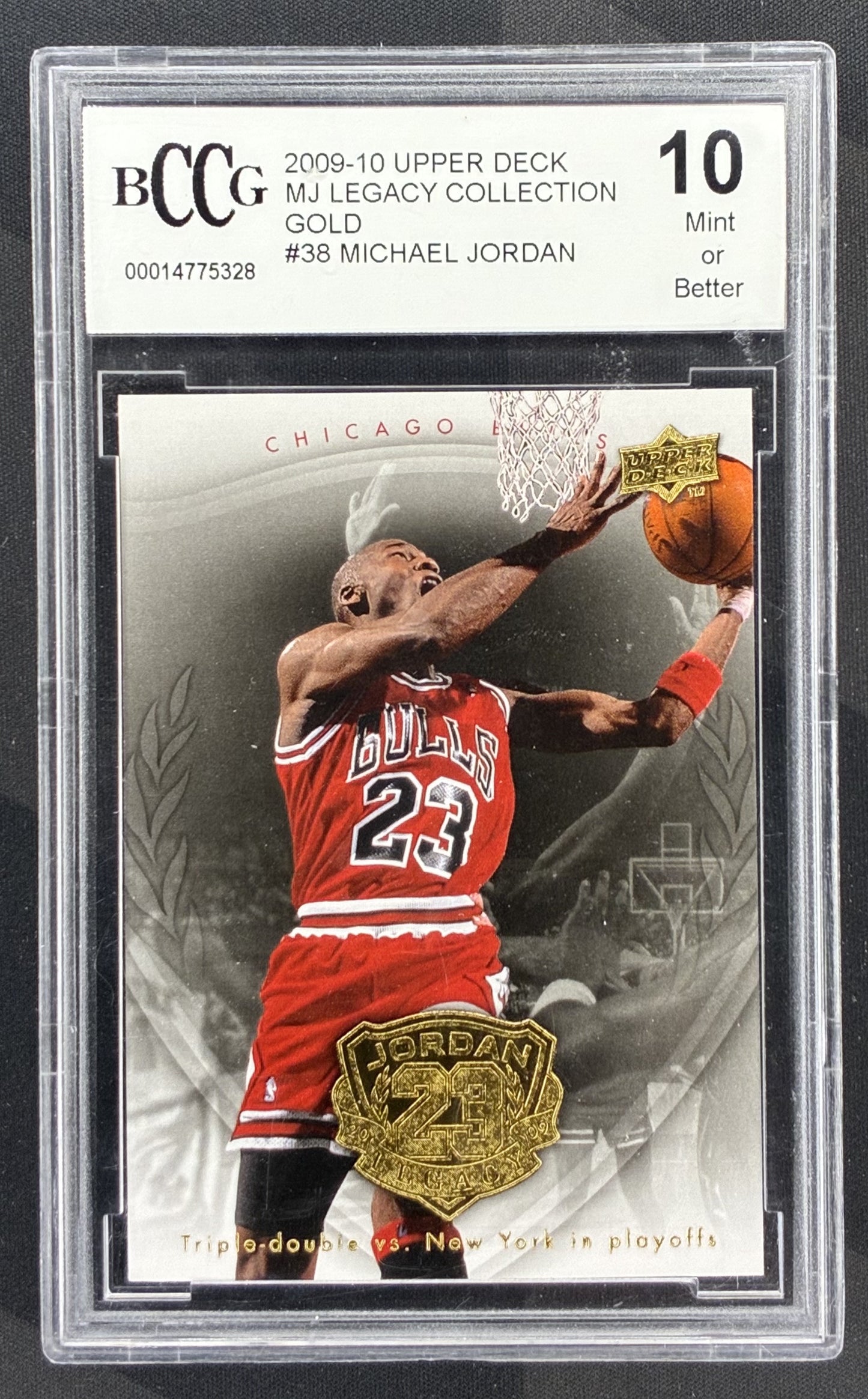 2009-10 Upper Deck Michael Jordan Legacy Collection Gold #38 BCCG 10 Chicago Bulls basketball card Hall of Fame collectible.