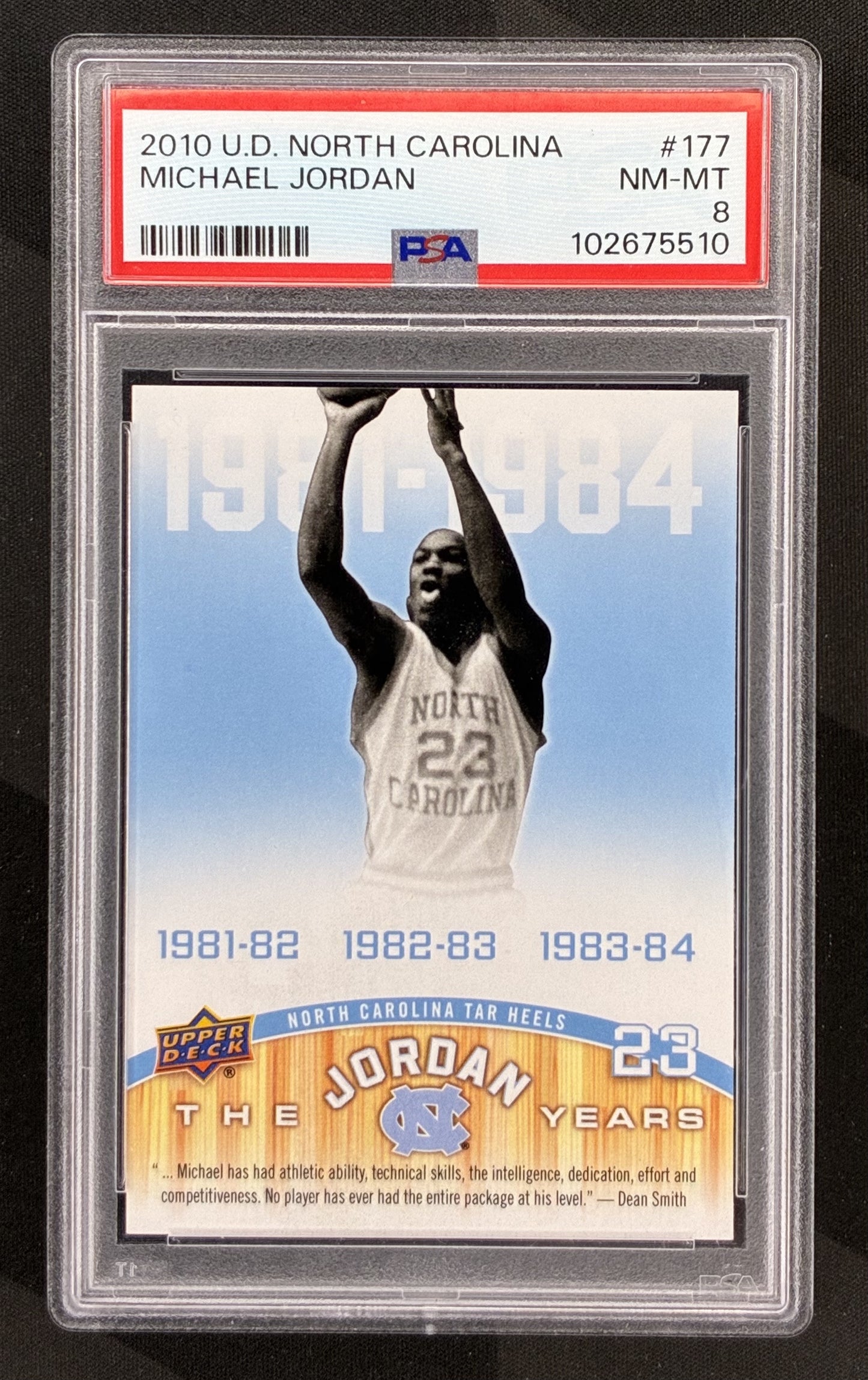 2010 Upper Deck North Carolina Silver Michael Jordan #177 PSA 8 NM-MT Tar Heels graded basketball card.