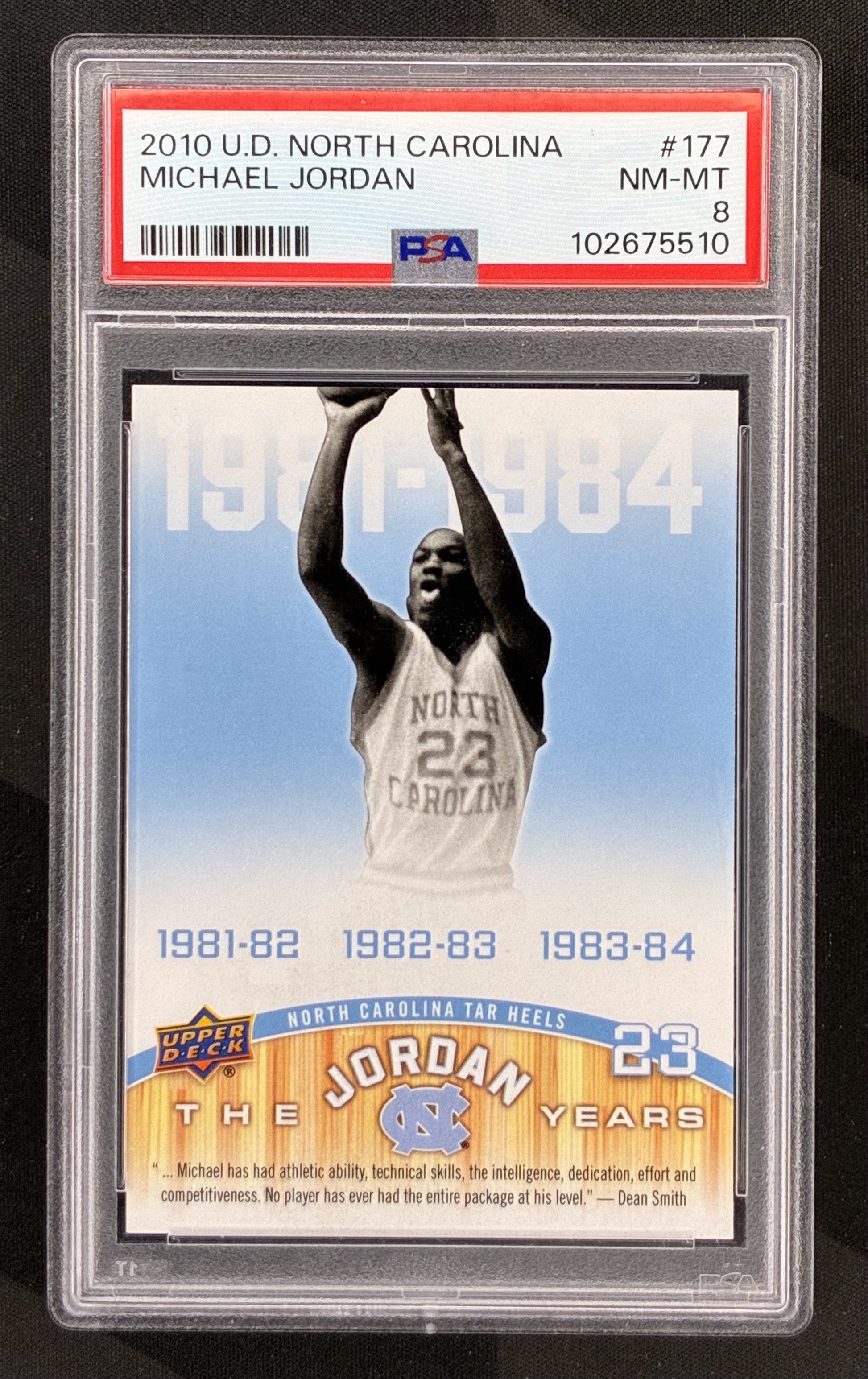 2010 Upper Deck North Carolina Silver Michael Jordan #177 PSA 8 NM-MT Tar Heels graded basketball card.