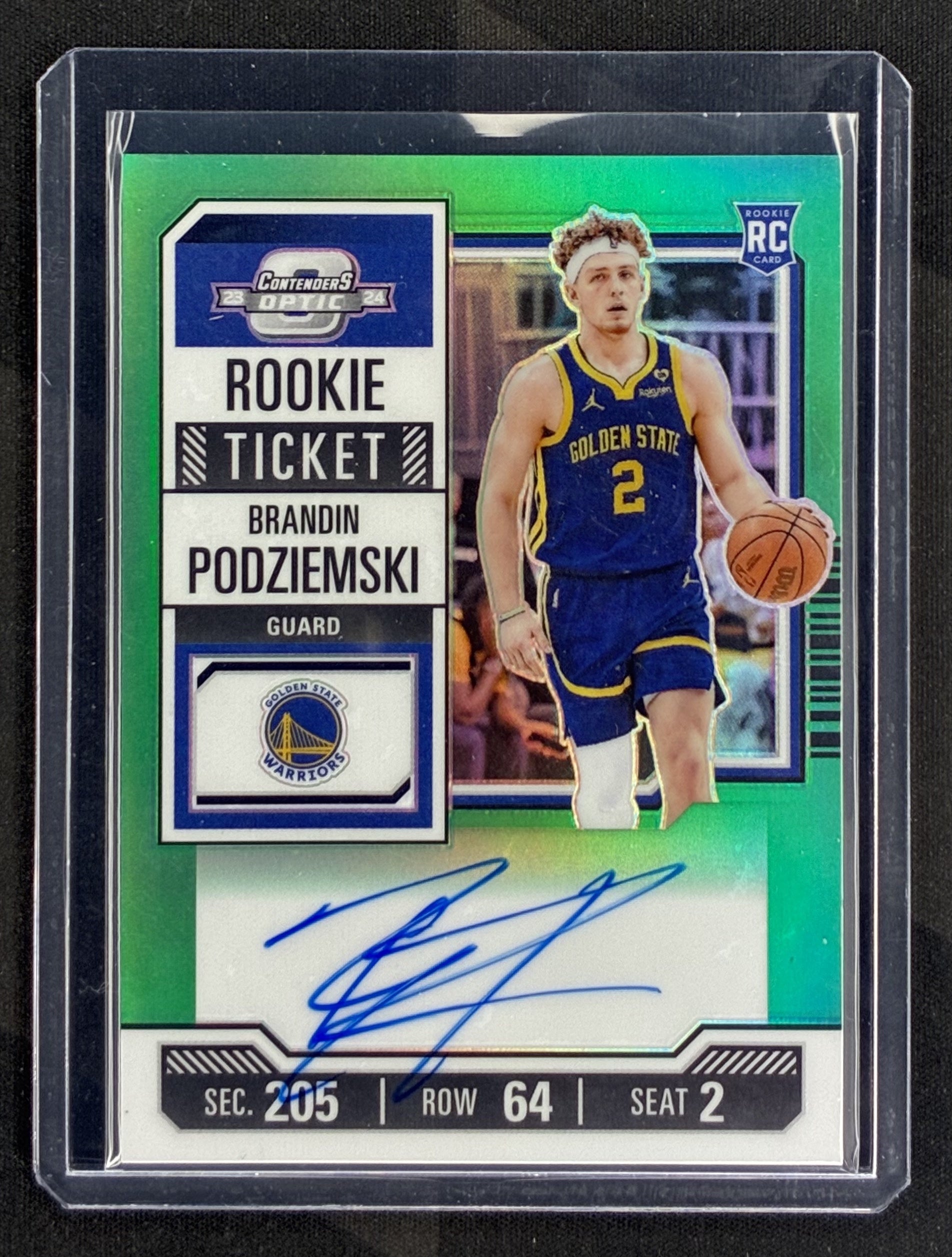2023-24 Panini Contenders Optic Brandin Podziemski Green Ticket Rookie Auto /75 Golden State Warriors basketball card.
