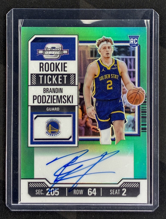 2023-24 Panini Contenders Optic Brandin Podziemski Green Ticket Rookie Auto /75 Golden State Warriors basketball card.