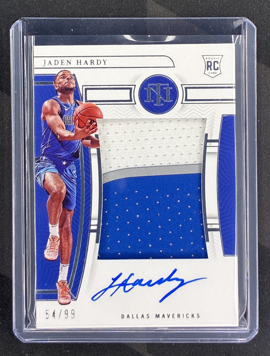 2022-23 Panini National Treasures Jaden Hardy Rookie Patch RC #129 /99 Dallas Mavericks basketball card.