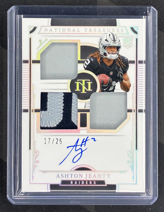 2025 Panini National Treasures Ashton Jeanty Rookie Materials Auto Quad Silver /25 NFL rookie trading card.
