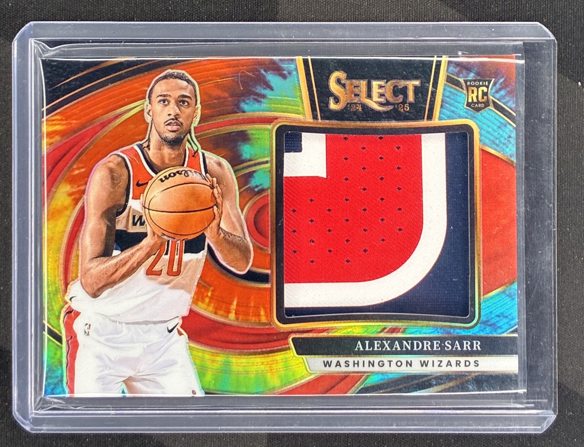 2024-25 Panini Select Alexandre Sarr Jumbo Rookie Swatches Tie-Dye Patch RC /25 Washington Wizards basketball card.