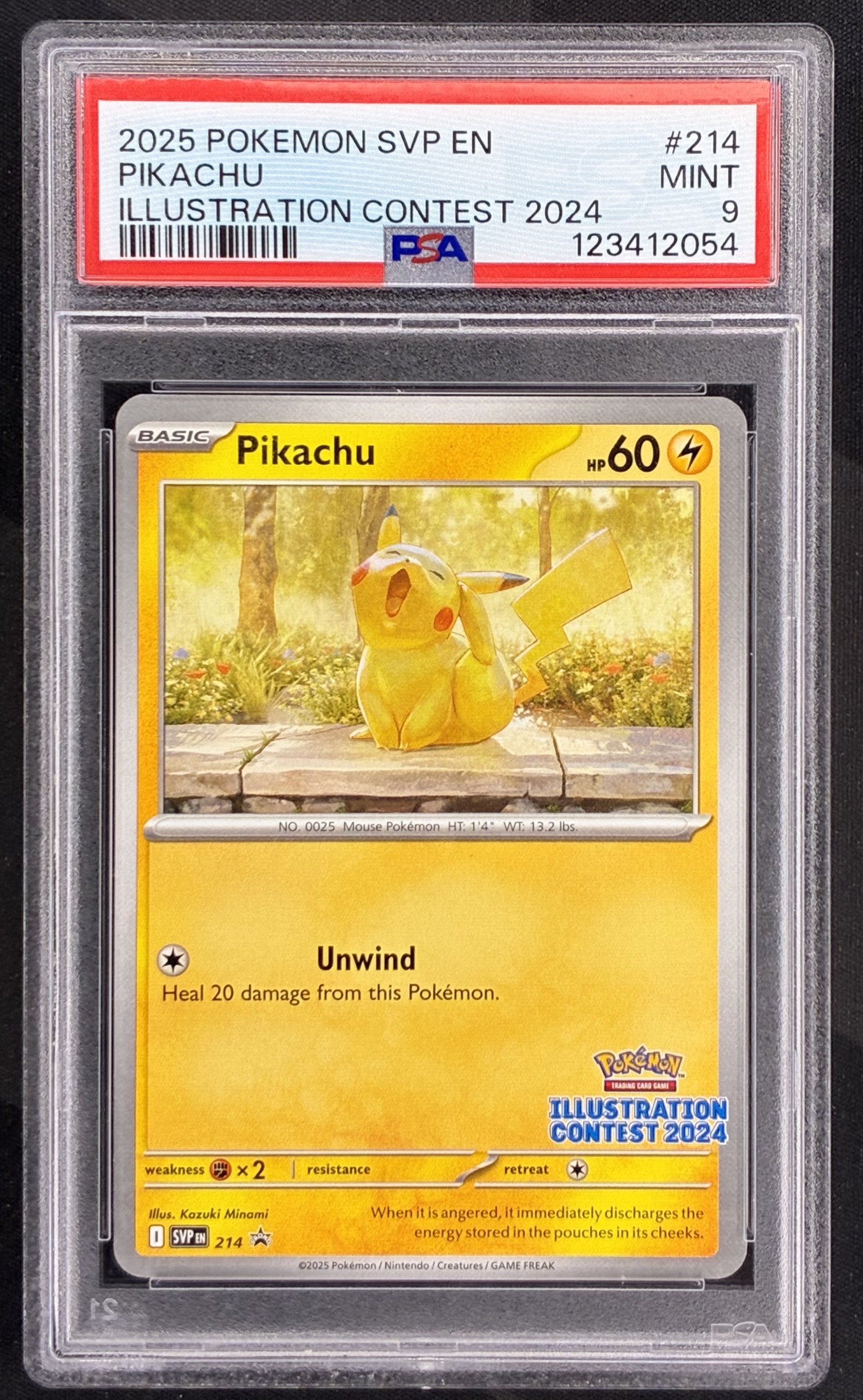 Pikachu SVP214 Illustration Contest 2024 Black Star Promo PSA 9 Mint graded English Pokémon trading card.
