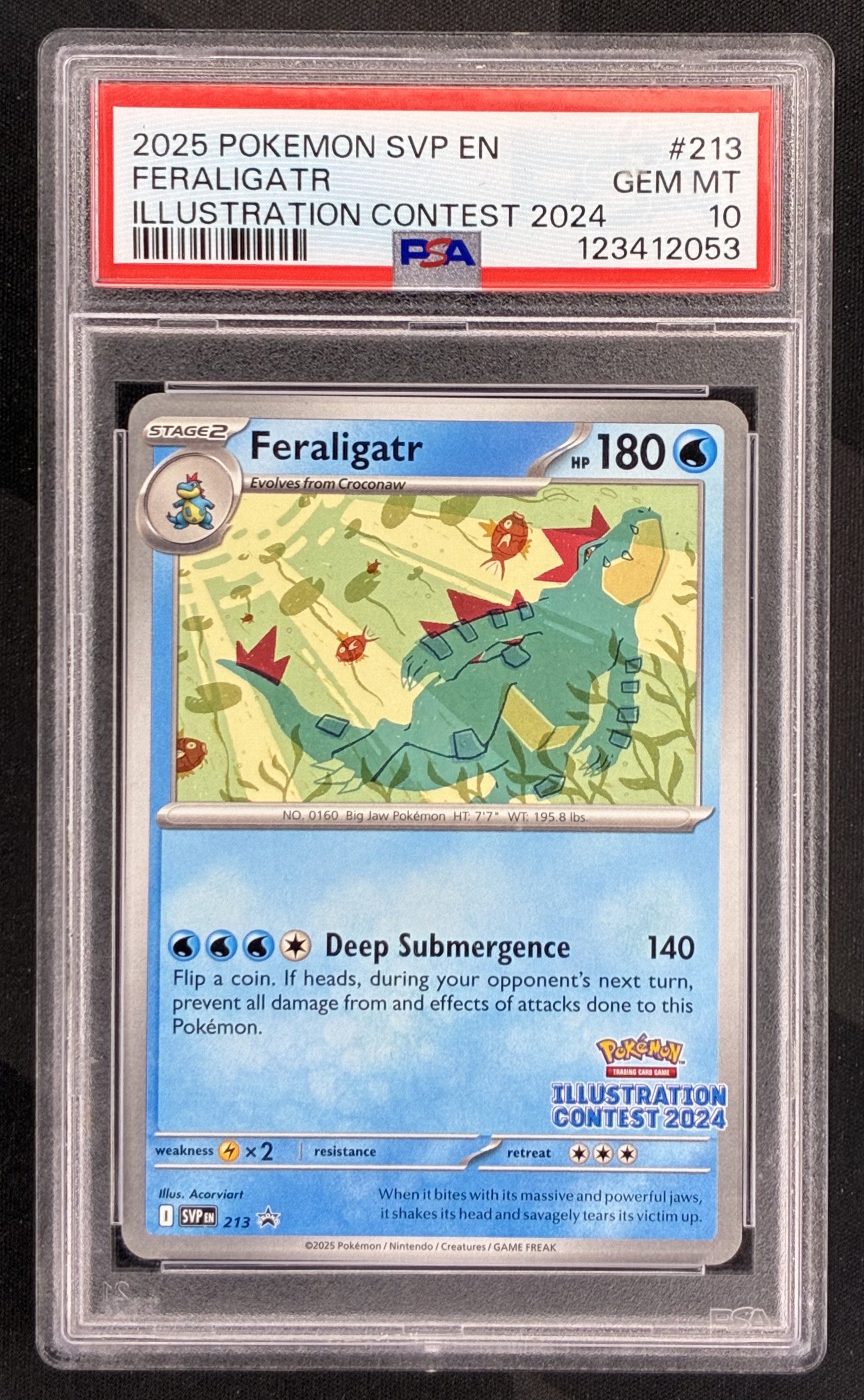 Feraligatr SVP213 Illustration Contest 2024 Black Star Promo PSA 10 Gem Mint graded English Pokémon trading card.
