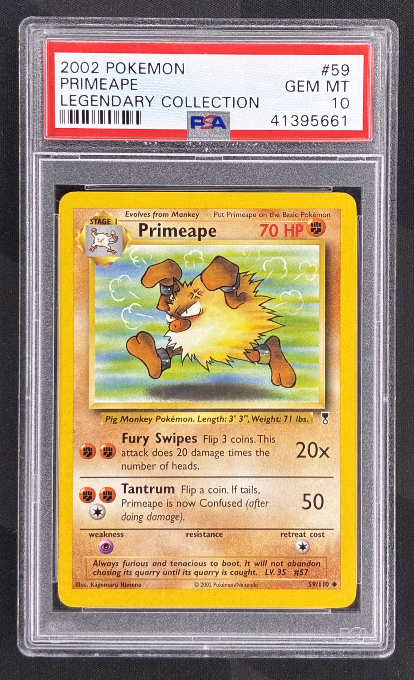 2002 Pokémon Legendary Collection Primeape #59 PSA 10 Gem Mint graded English Pokémon trading card.