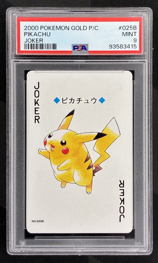 2000 Japanese Pokémon Pikachu Joker 025B Gold Playing Card PSA 9 Mint graded collectible card.