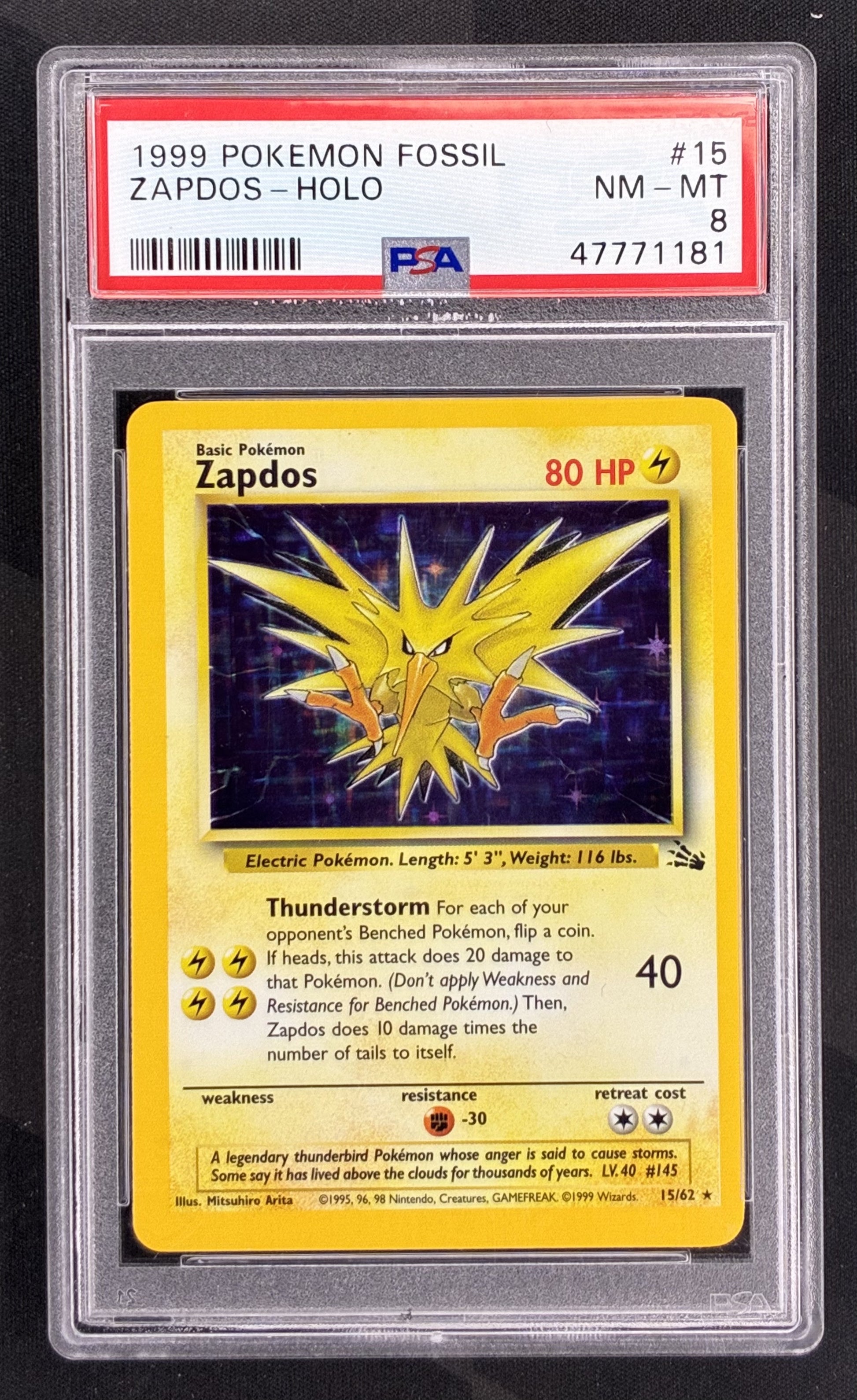 1999 Pokémon Zapdos 15/62 Fossil Holo Rare PSA 8 NM-MT graded English trading card.