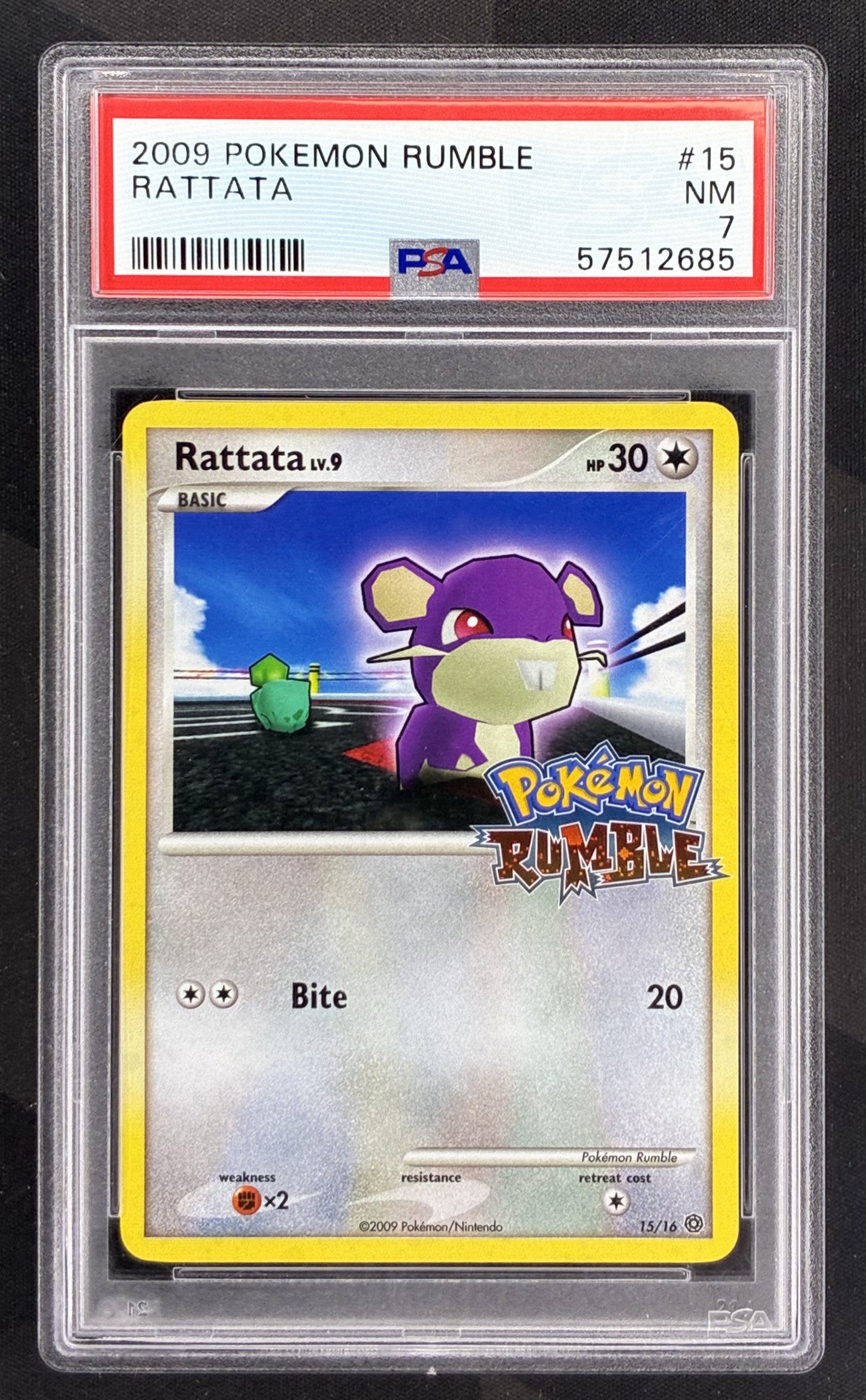 2009 Pokémon Rumble Rattata 15/16 PSA 7 Near Mint graded English promotional Pokémon trading card.