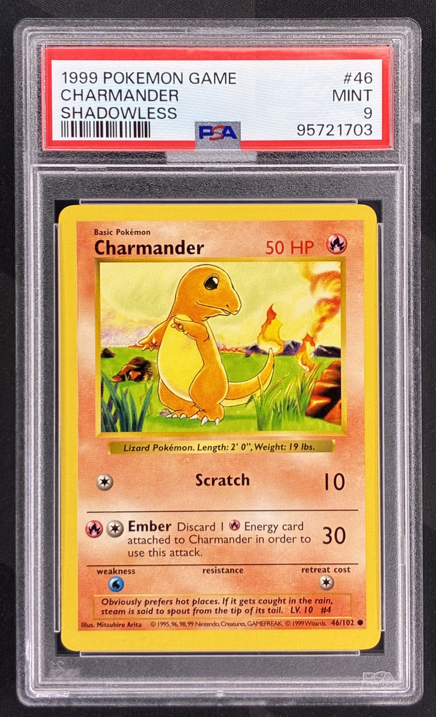1999 Pokémon Charmander 46/102 Shadowless Base Set PSA 9 Mint graded English Wizards of the Coast trading card.