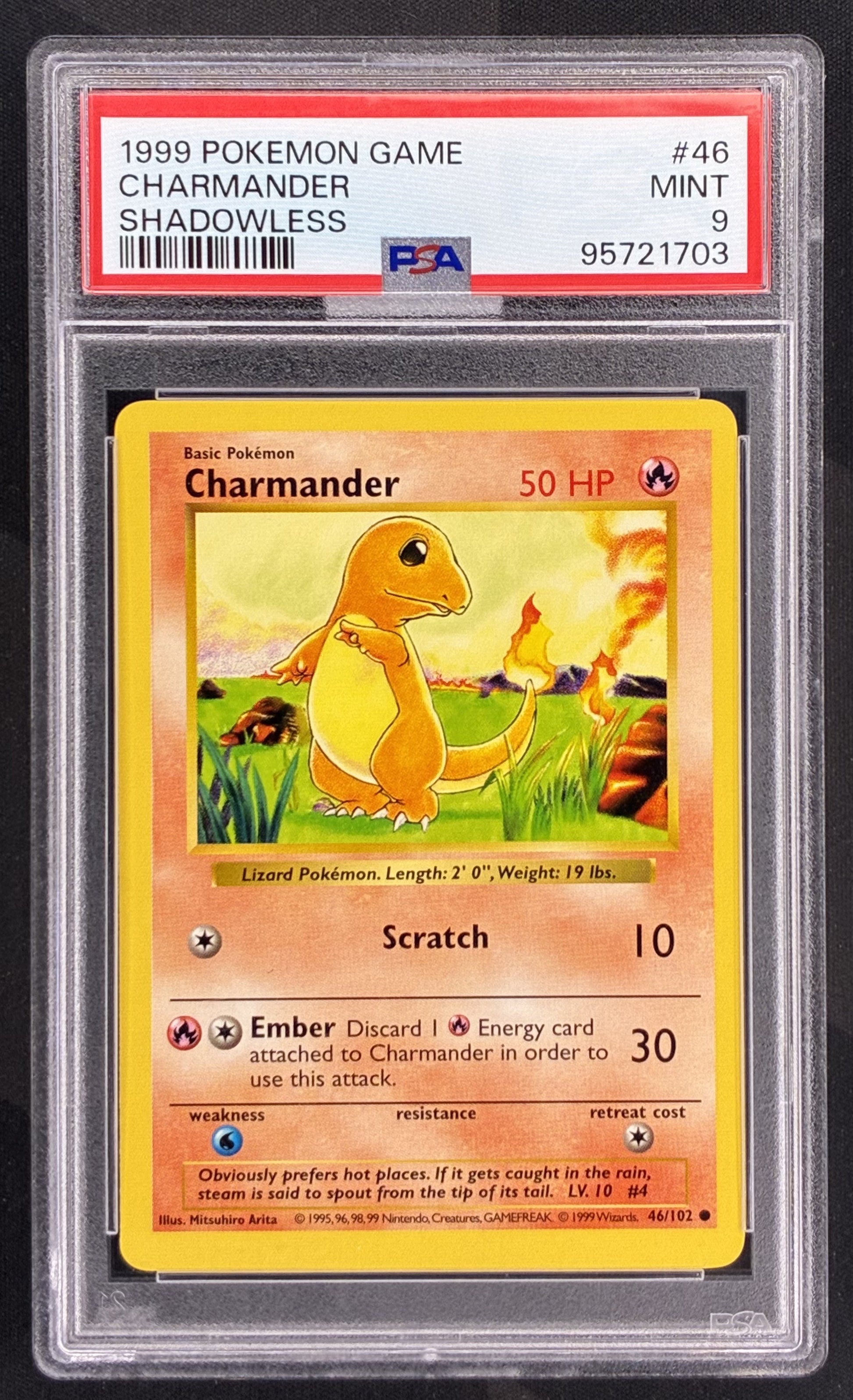 1999 Pokémon Charmander 46/102 Shadowless Base Set PSA 9 Mint graded English Wizards of the Coast trading card.