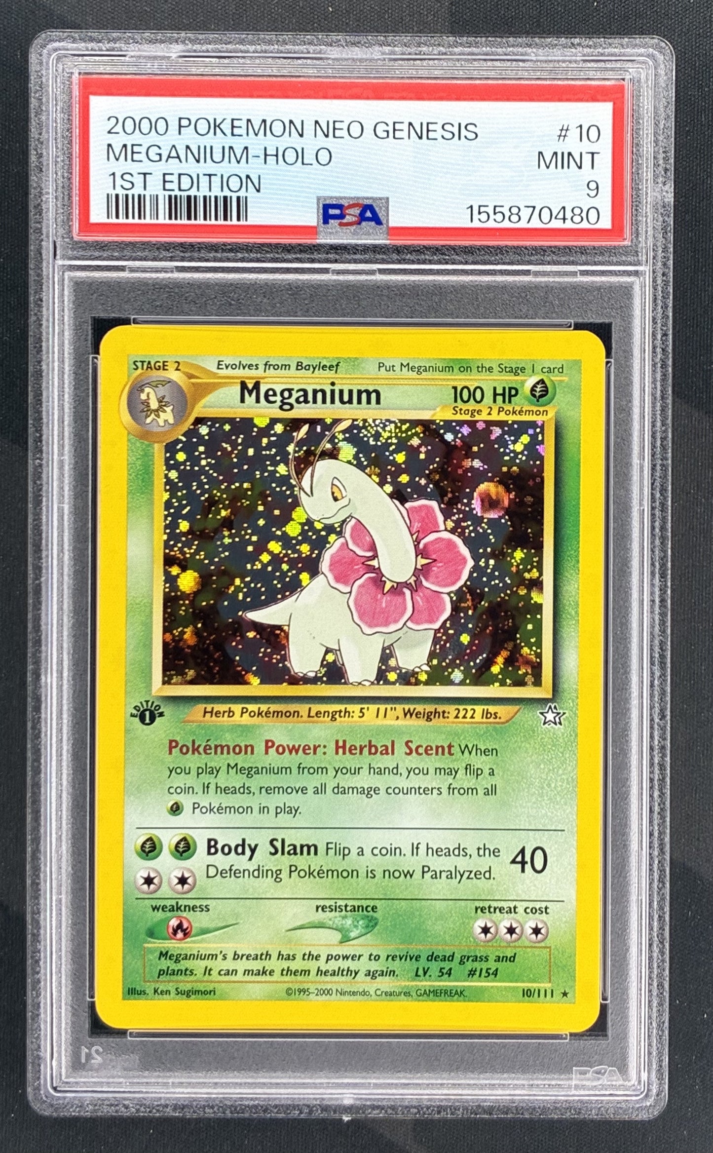 2000 Pokémon Neo Genesis Meganium 1st Edition Holo #10/111 PSA 9 Mint with holographic swirl graded English trading card.