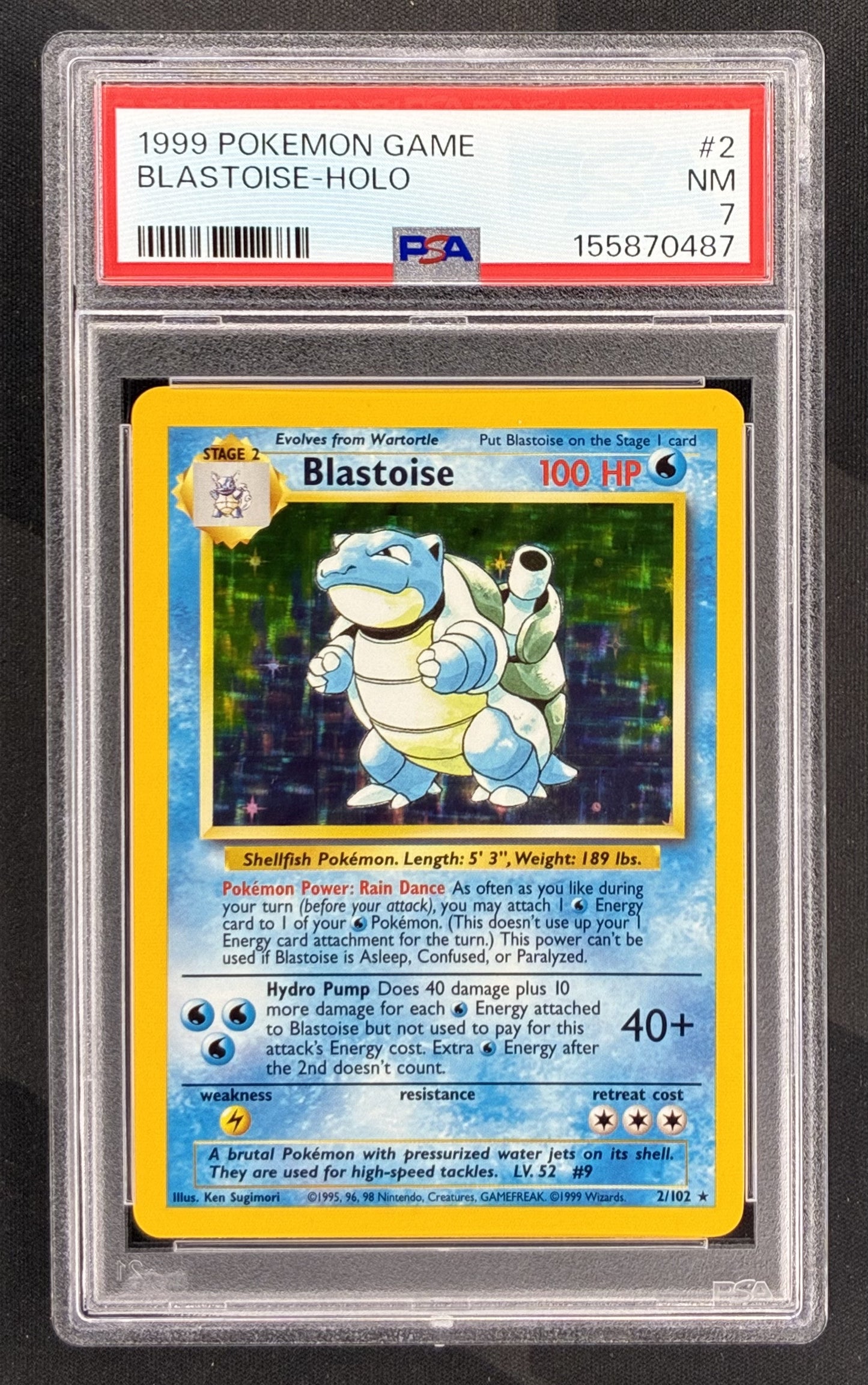 1999 Pokémon Blastoise 2/102 Base Set Unlimited Holo PSA 7 Near Mint graded English Wizards of the Coast trading card.