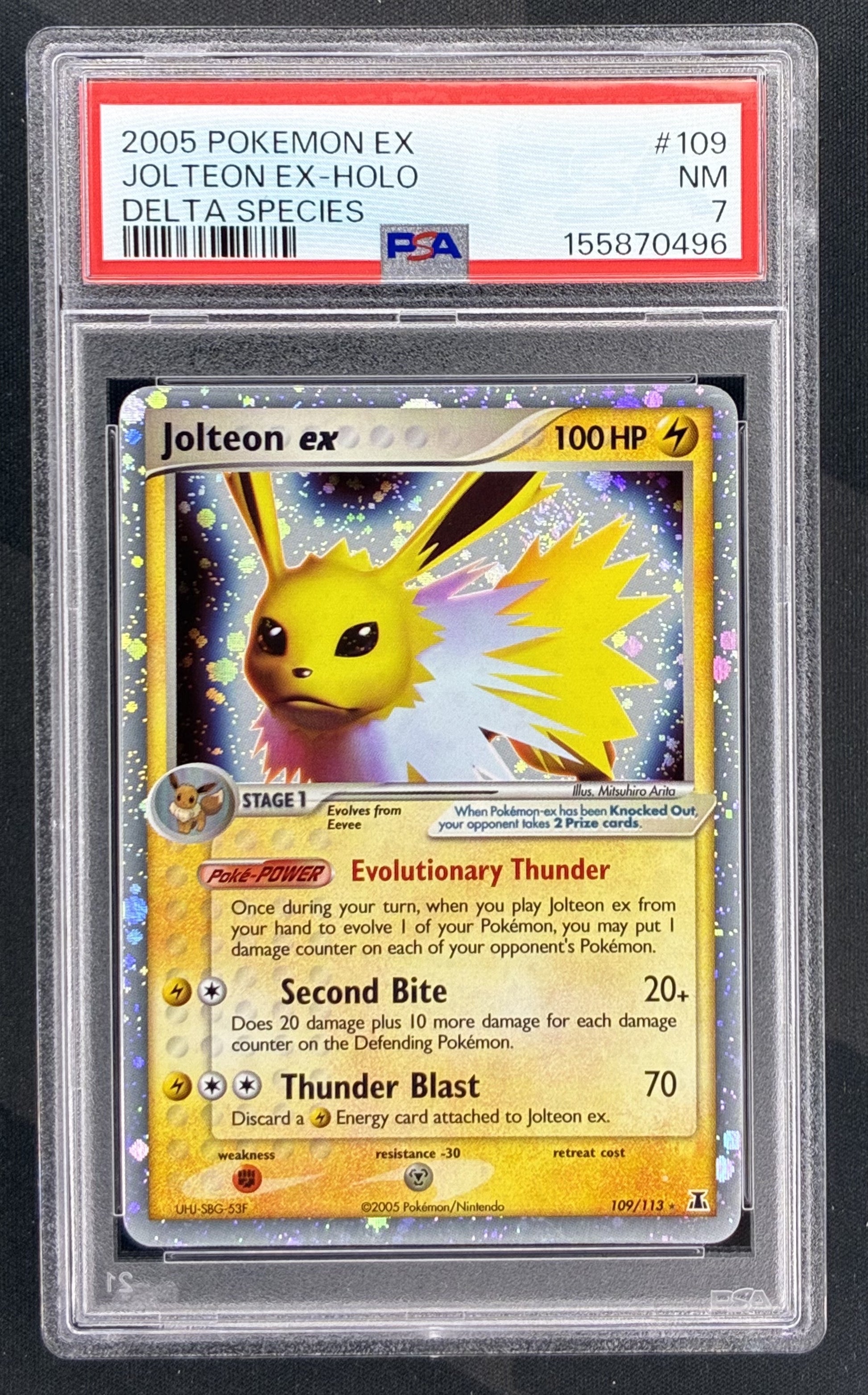 2005 Pokémon Jolteon ex 109/113 EX Delta Species PSA 7 Near Mint graded English trading card.