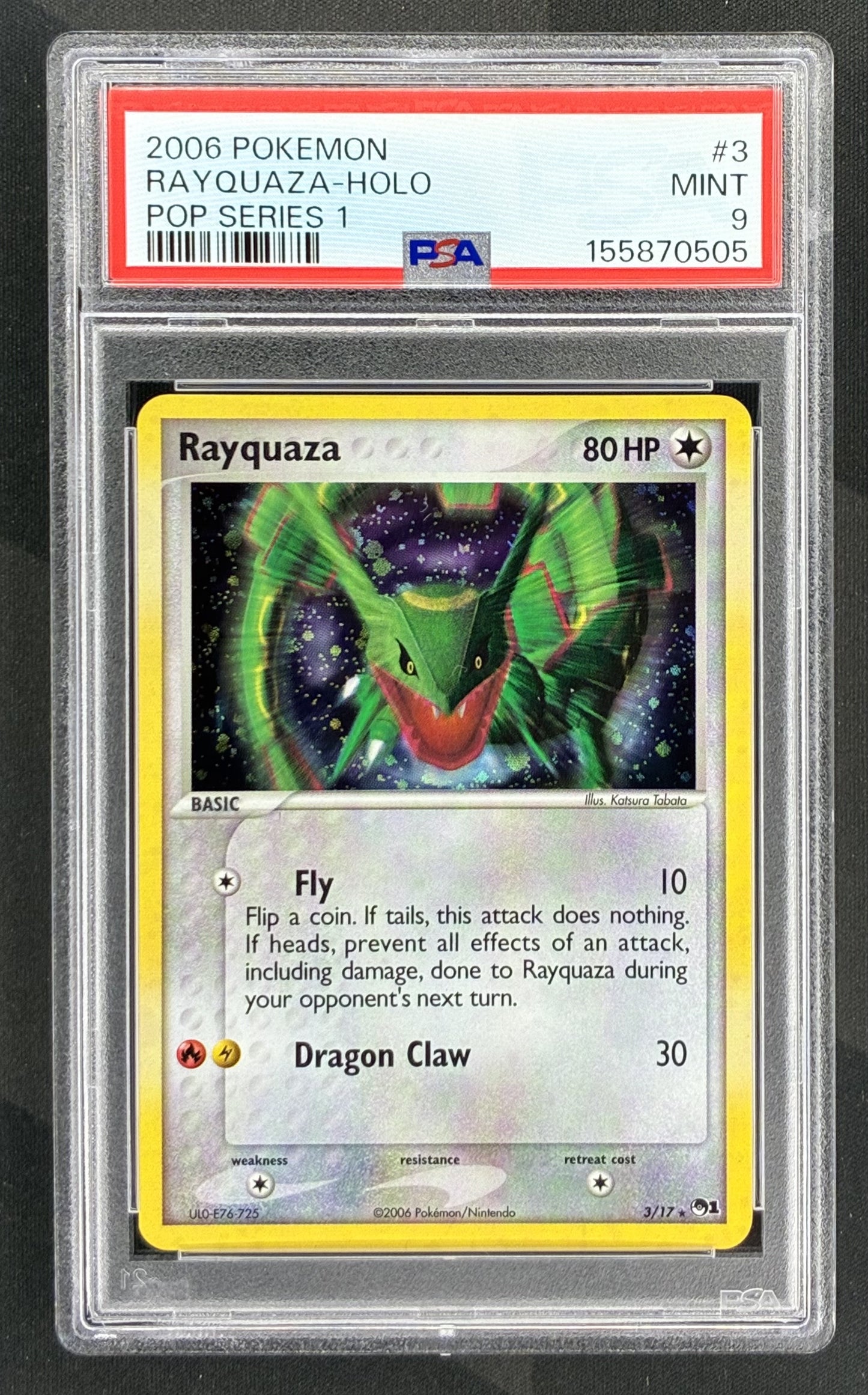 2004 Pokémon Rayquaza 3/17 POP Series 1 Holo PSA 9 Mint graded English trading card.