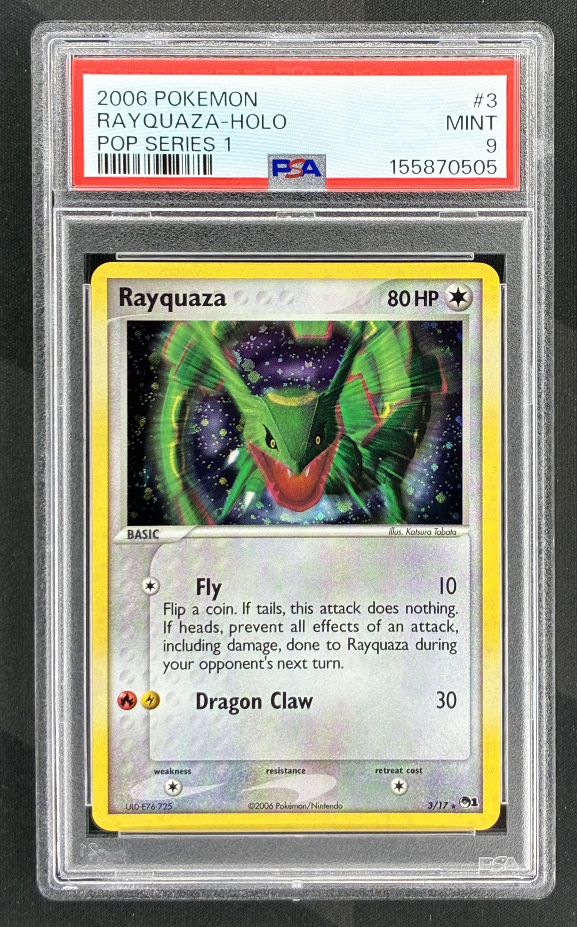 2004 Pokémon Rayquaza 3/17 POP Series 1 Holo PSA 9 Mint graded English trading card.