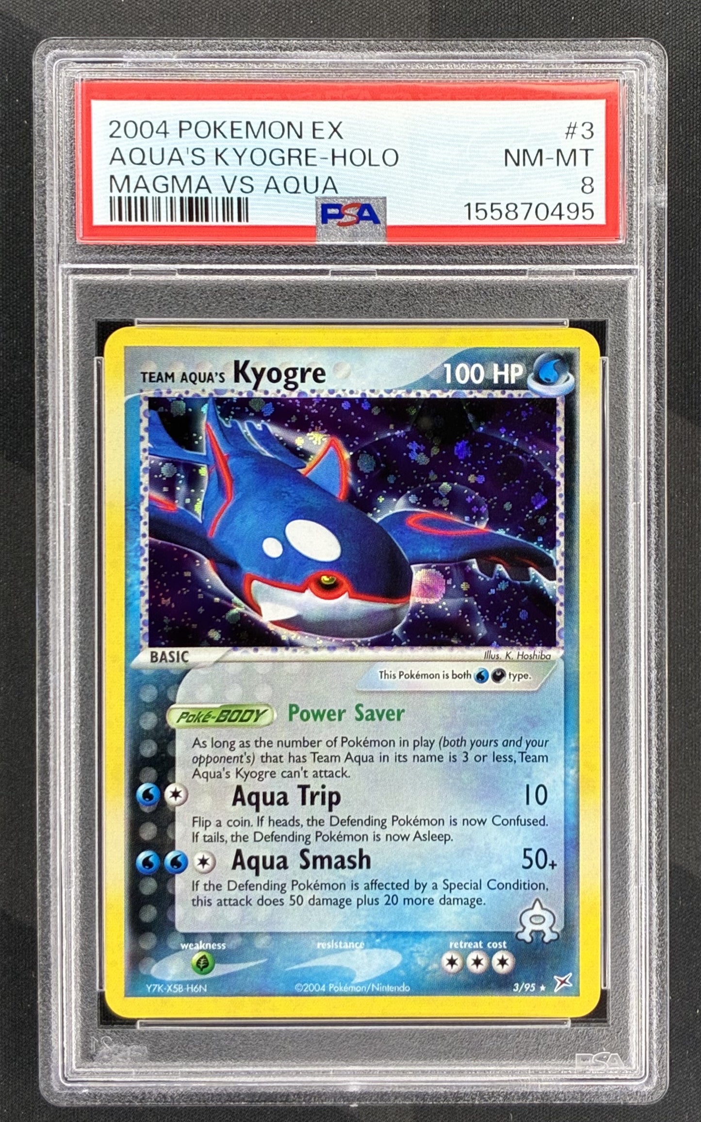 2004 Pokémon EX Team Magma vs Team Aqua Team Aqua's Kyogre 3/95 Holo PSA 8 NM-MT graded English trading card.
