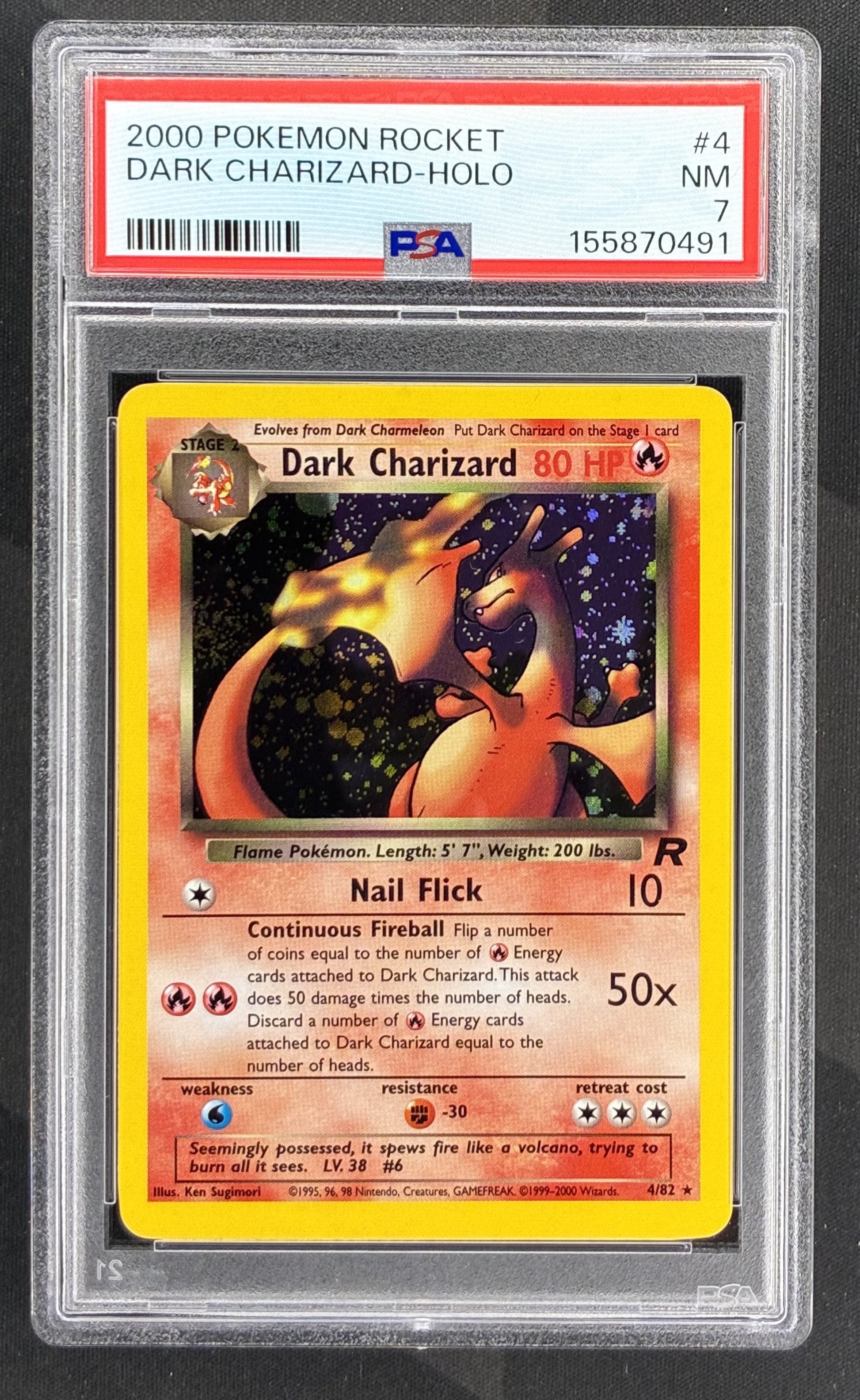 2000 Pokémon Dark Charizard 4/82 Team Rocket Holo PSA 7 Near Mint graded English Wizards of the Coast trading card.