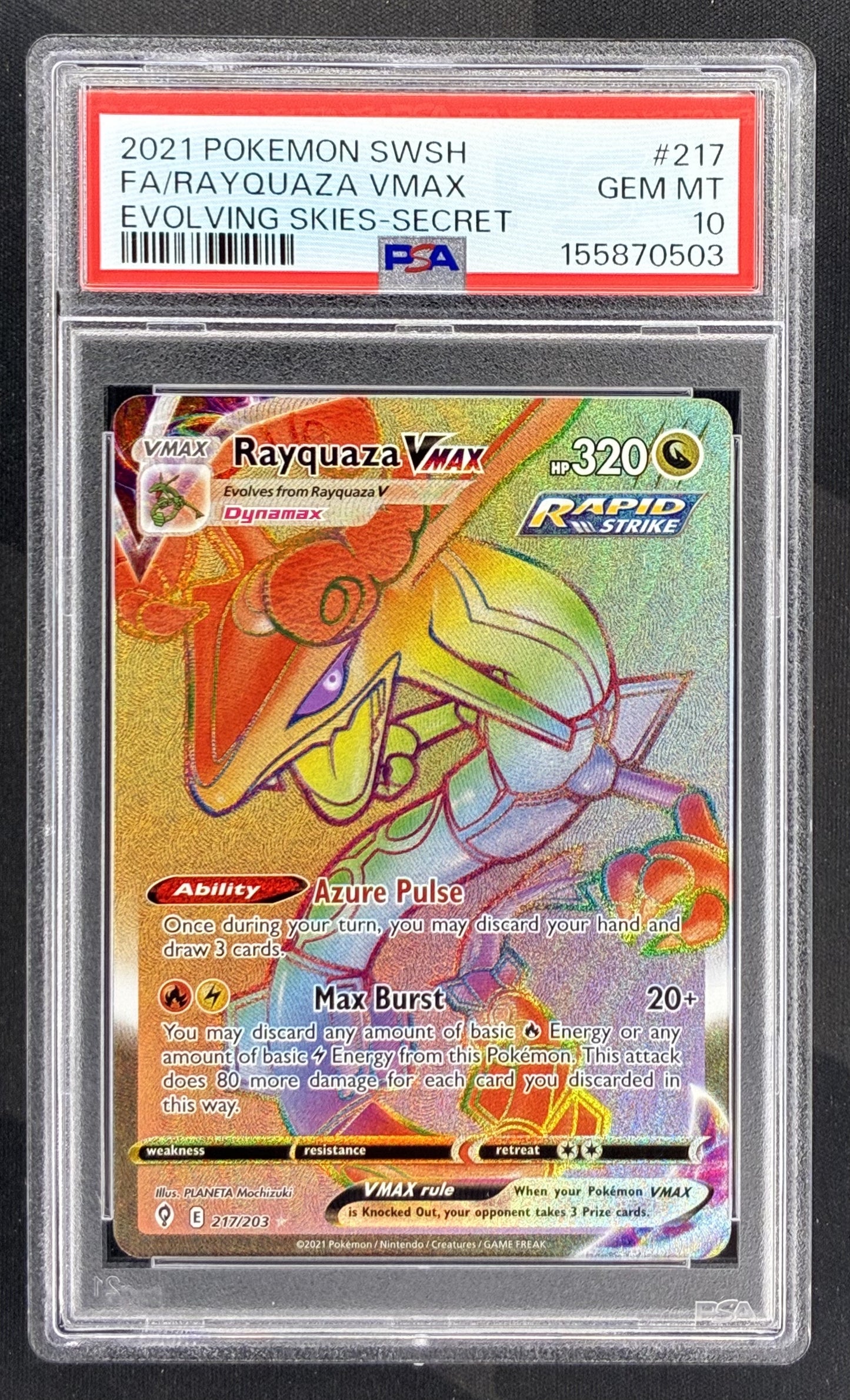 Pokémon Rayquaza VMAX 217/203 Evolving Skies Secret Rare Alternate Art PSA 10 Gem Mint graded English trading card.