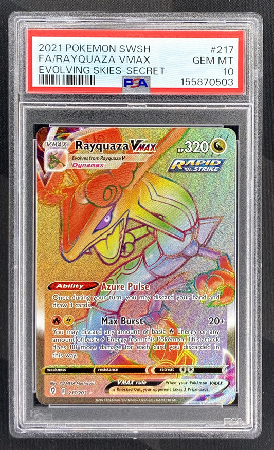 Pokémon Rayquaza VMAX 217/203 Evolving Skies Secret Rare Alternate Art PSA 10 Gem Mint graded English trading card.