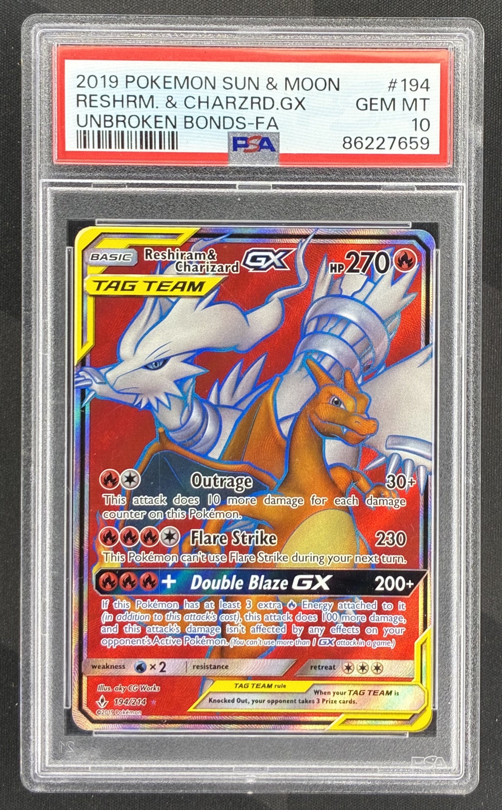 Pokémon Reshiram & Charizard GX 194/214 Sun & Moon Unbroken Bonds PSA 10 Gem Mint graded English trading card.