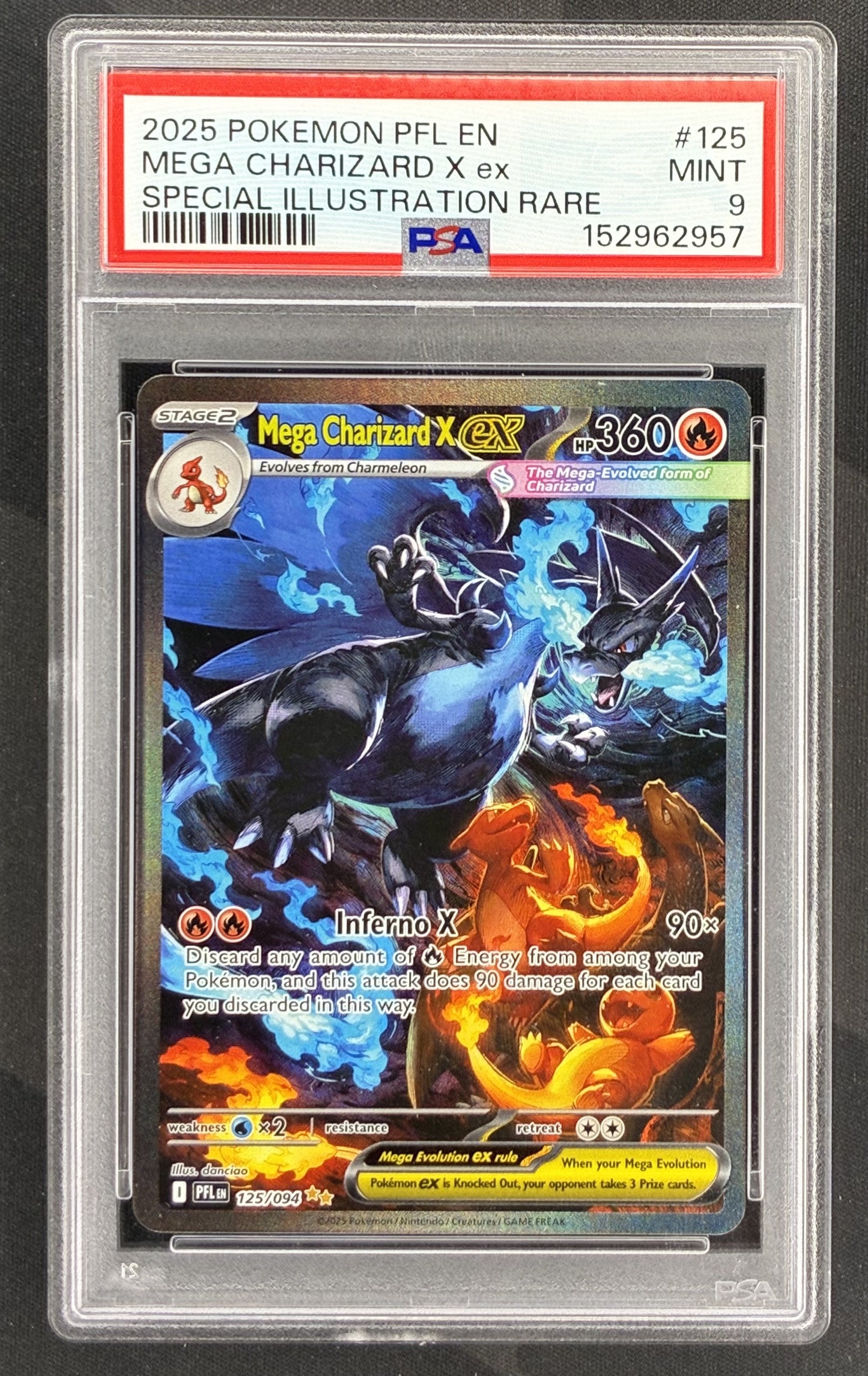 Pokémon Mega Charizard X ex 125/094 Phantasmal Flames Special Illustration Rare PSA 9 Mint graded English trading card.