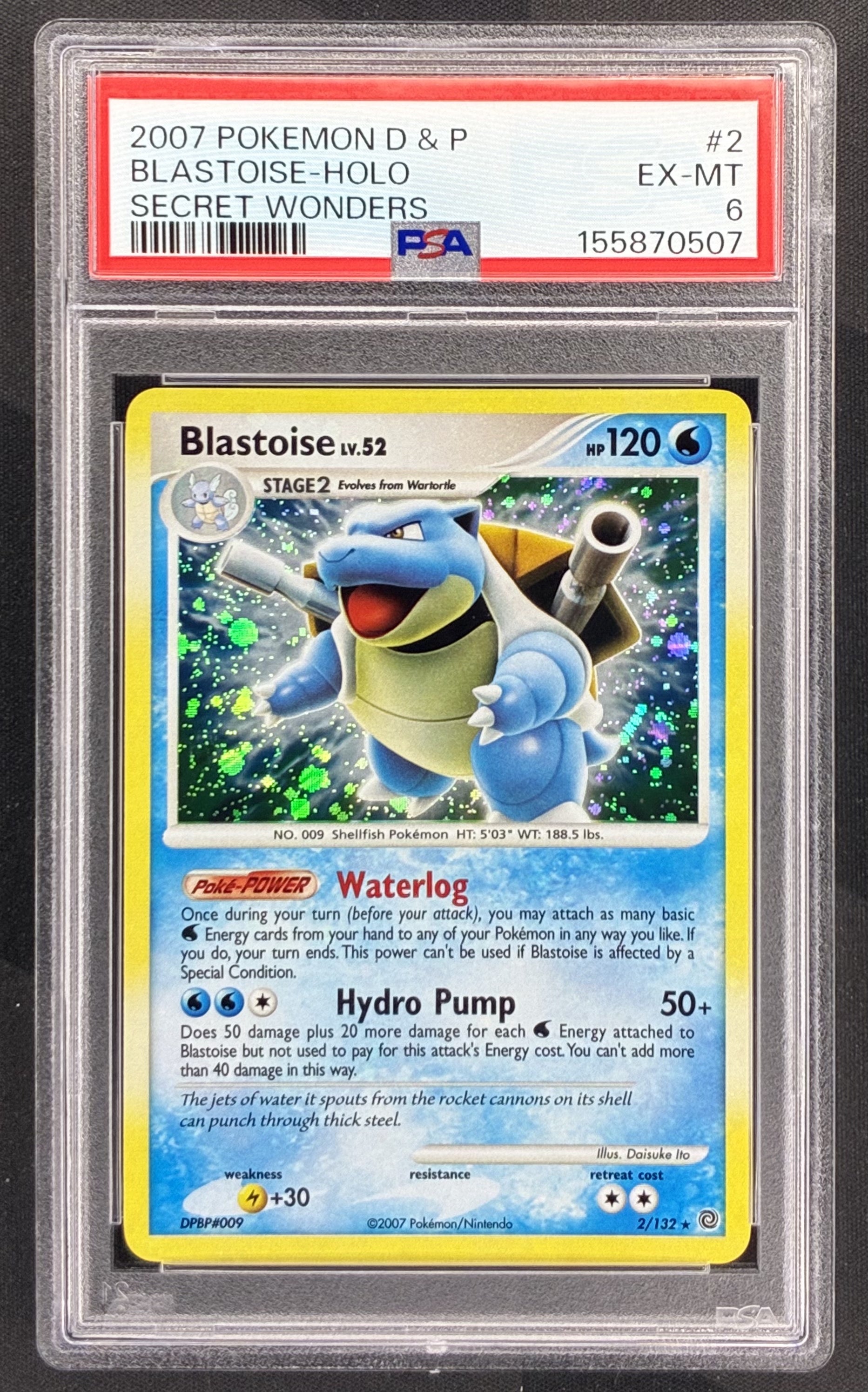 2007 Pokémon Blastoise 2/132 Secret Wonders Holo PSA 6 EX-MT graded English trading card.