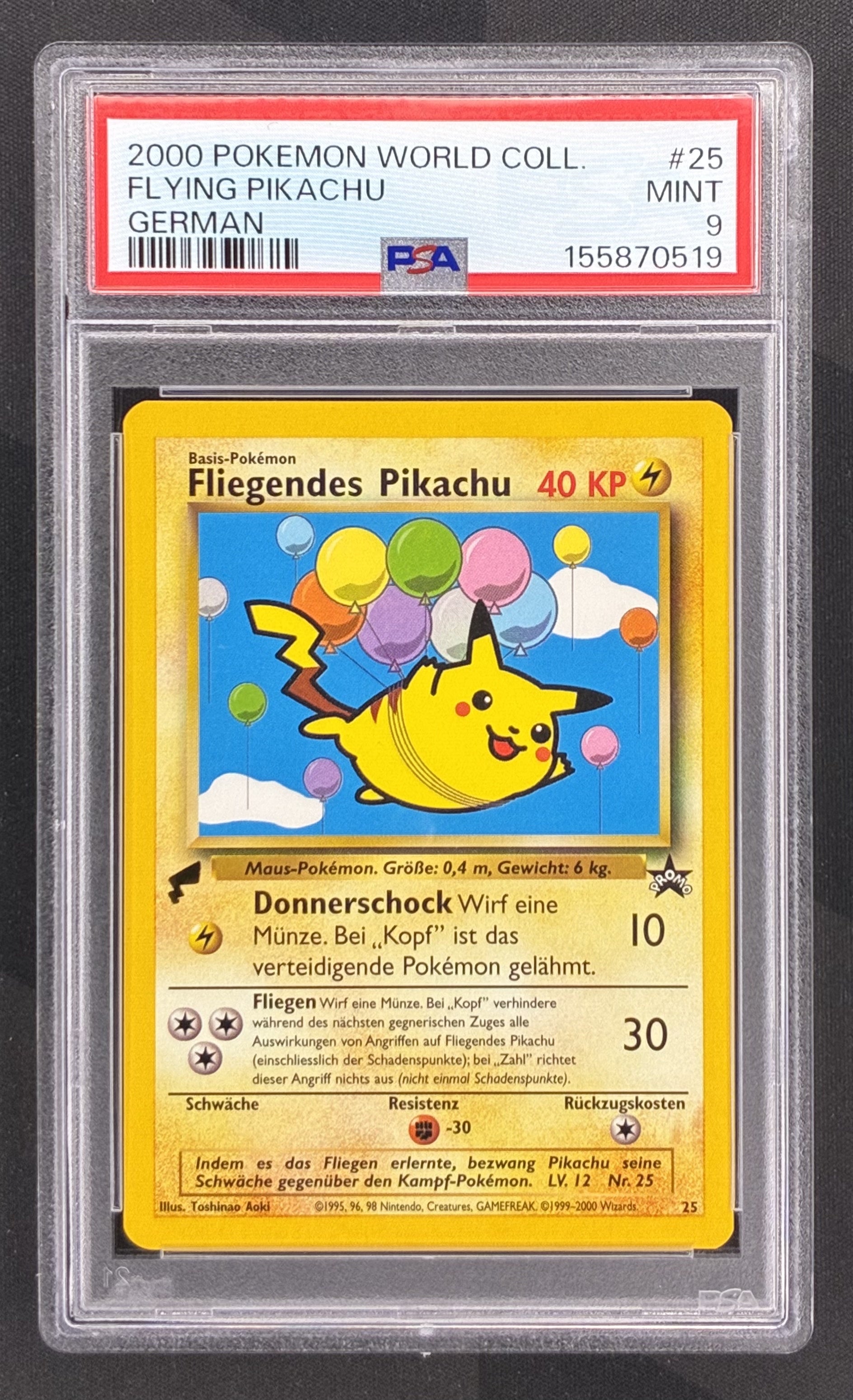 2000 Pokémon World Collection German Flying Pikachu #25 Black Star Promo PSA 9 Mint graded trading card.