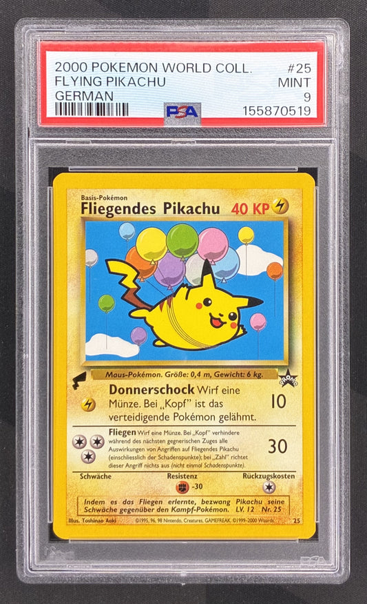 2000 Pokémon World Collection German Flying Pikachu #25 Black Star Promo PSA 9 Mint graded trading card.