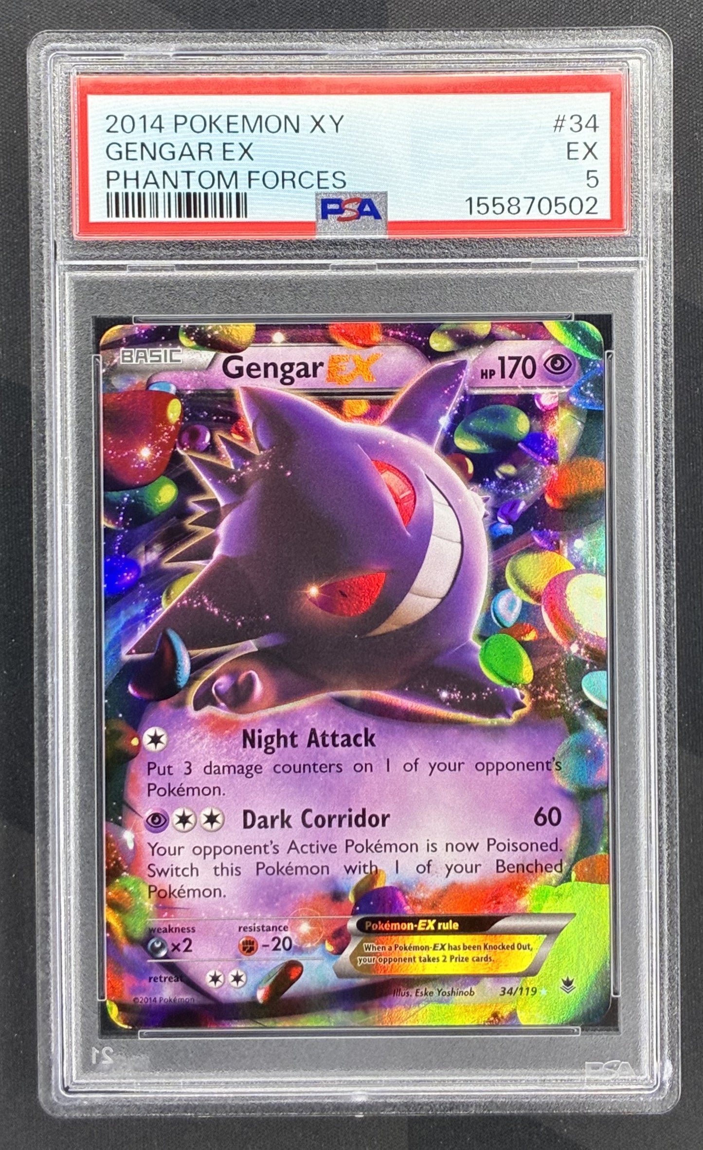 2014 Pokémon Gengar EX 34/119 XY Phantom Forces Holo PSA 5 EX graded English trading card.
