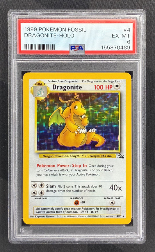 1999 Pokémon Dragonite 4/62 Fossil Unlimited Holo Rare PSA 6 EX-MT graded English Wizards of the Coast trading card.