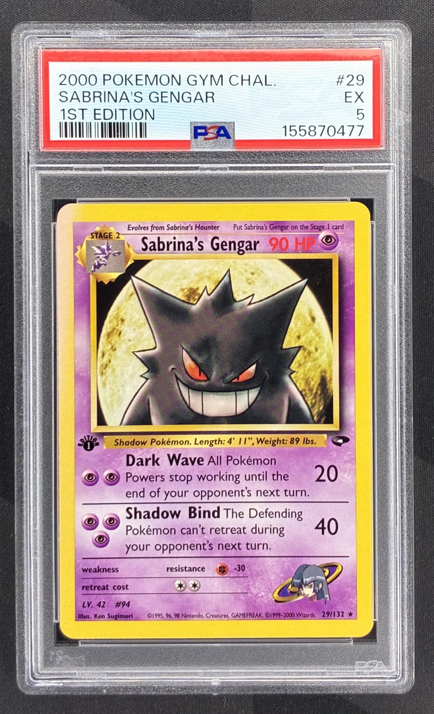 2000 Pokémon Sabrina's Gengar 29/132 Gym Challenge 1st Edition PSA 5 EX graded English Wizards of the Coast trading card.