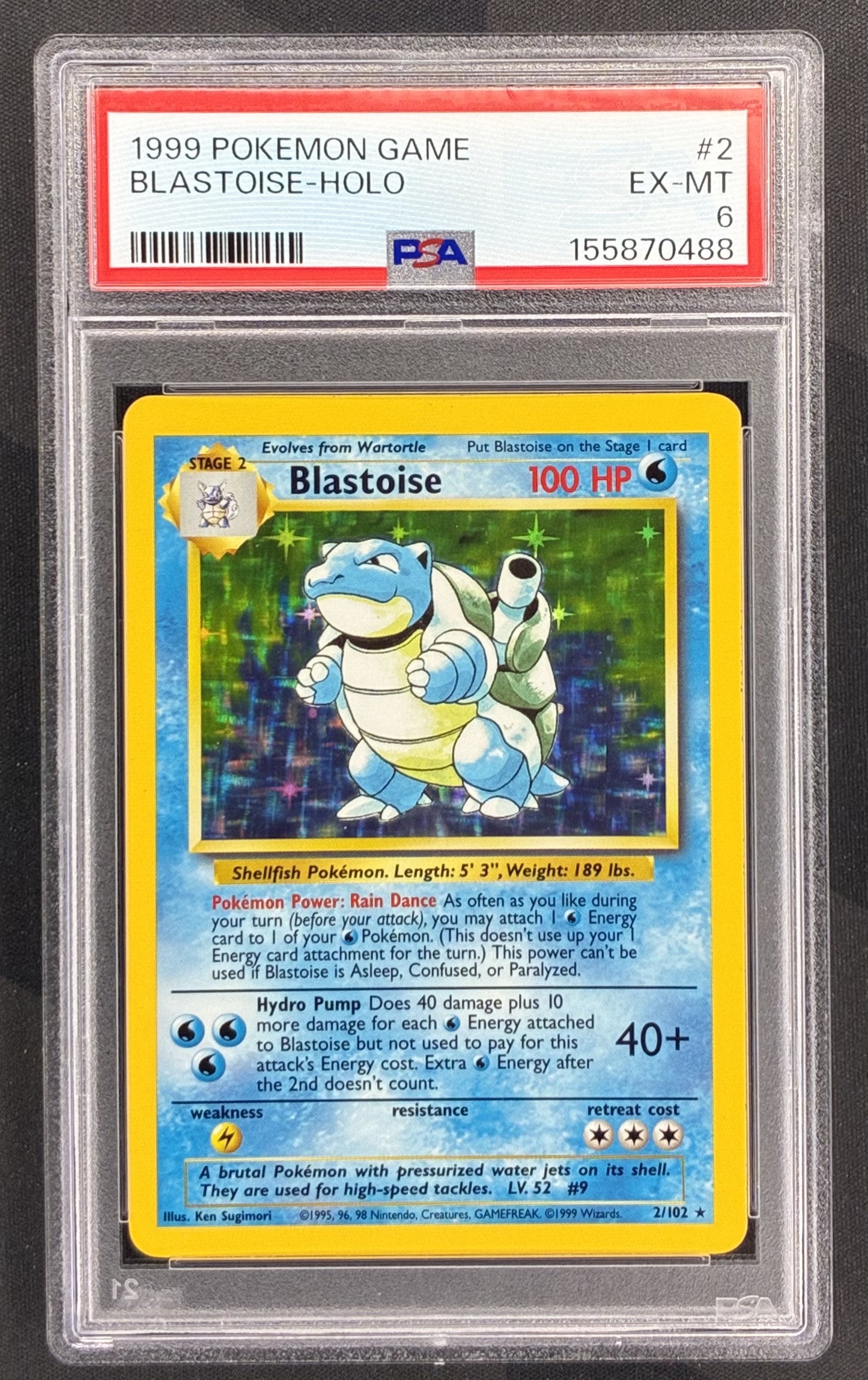 1999 Pokémon Blastoise 2/102 Base Set Holo Rare PSA 6 EX-MT graded English Wizards of the Coast trading card.
