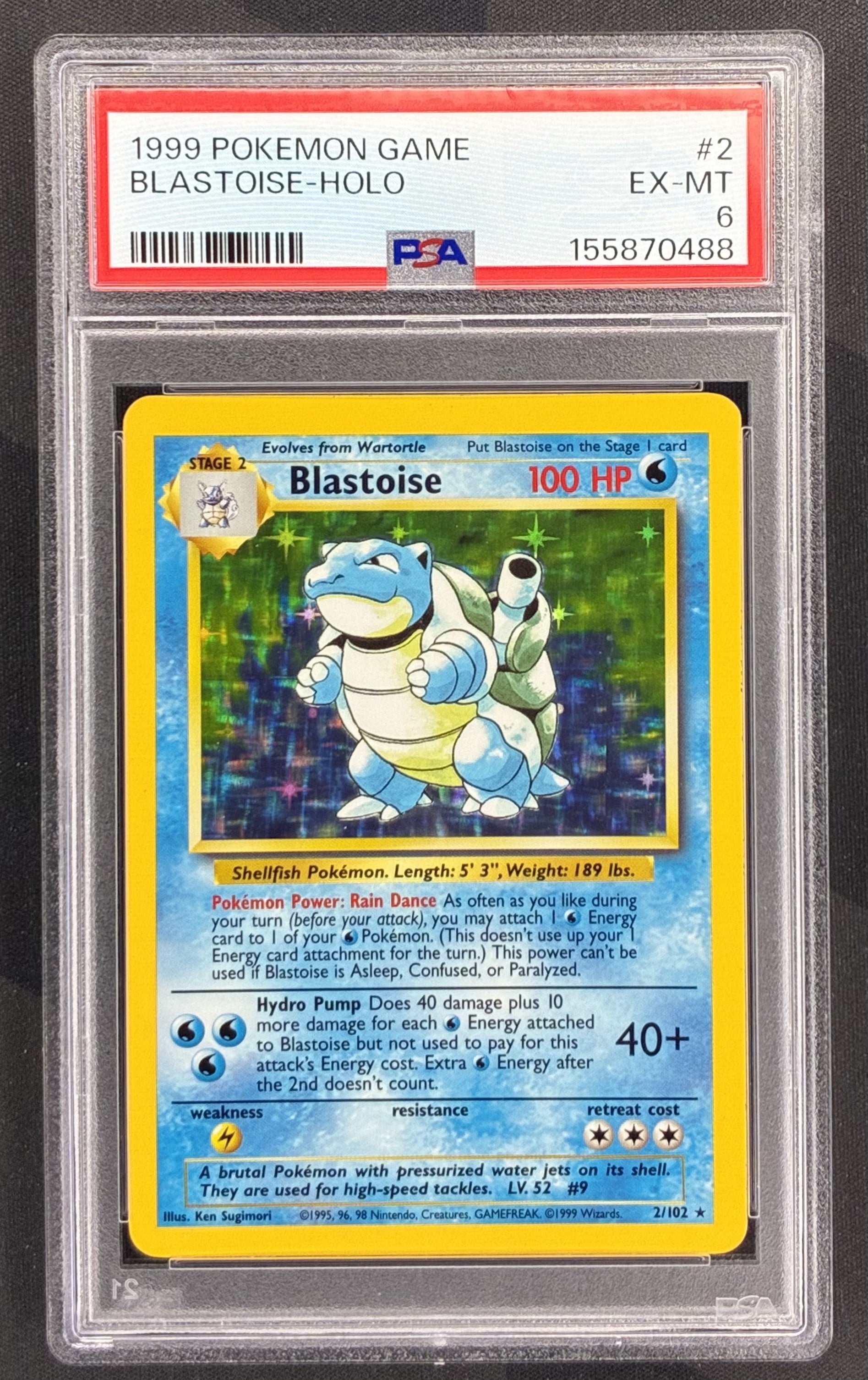 1999 Pokémon Blastoise 2/102 Base Set Holo Rare PSA 6 EX-MT graded English Wizards of the Coast trading card.