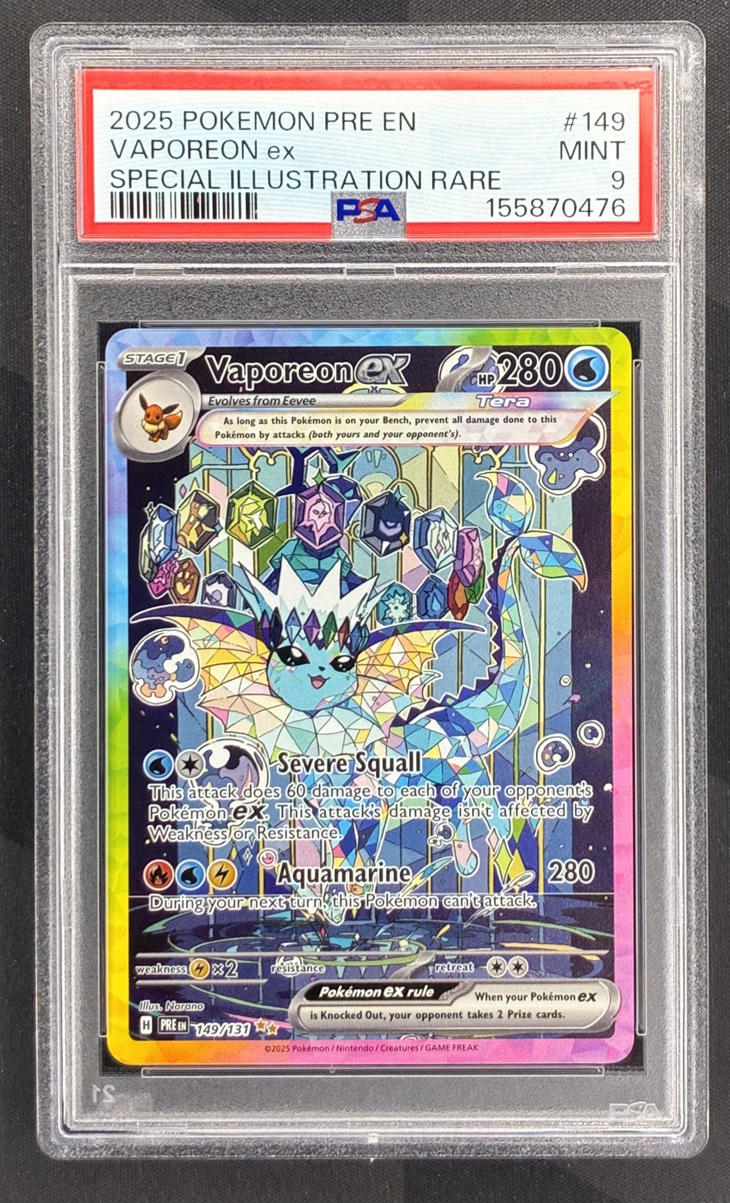Pokémon Vaporeon ex 149/131 Prismatic Evolutions Special Illustration Rare Full Art Holo PSA 9 Mint graded English trading card.