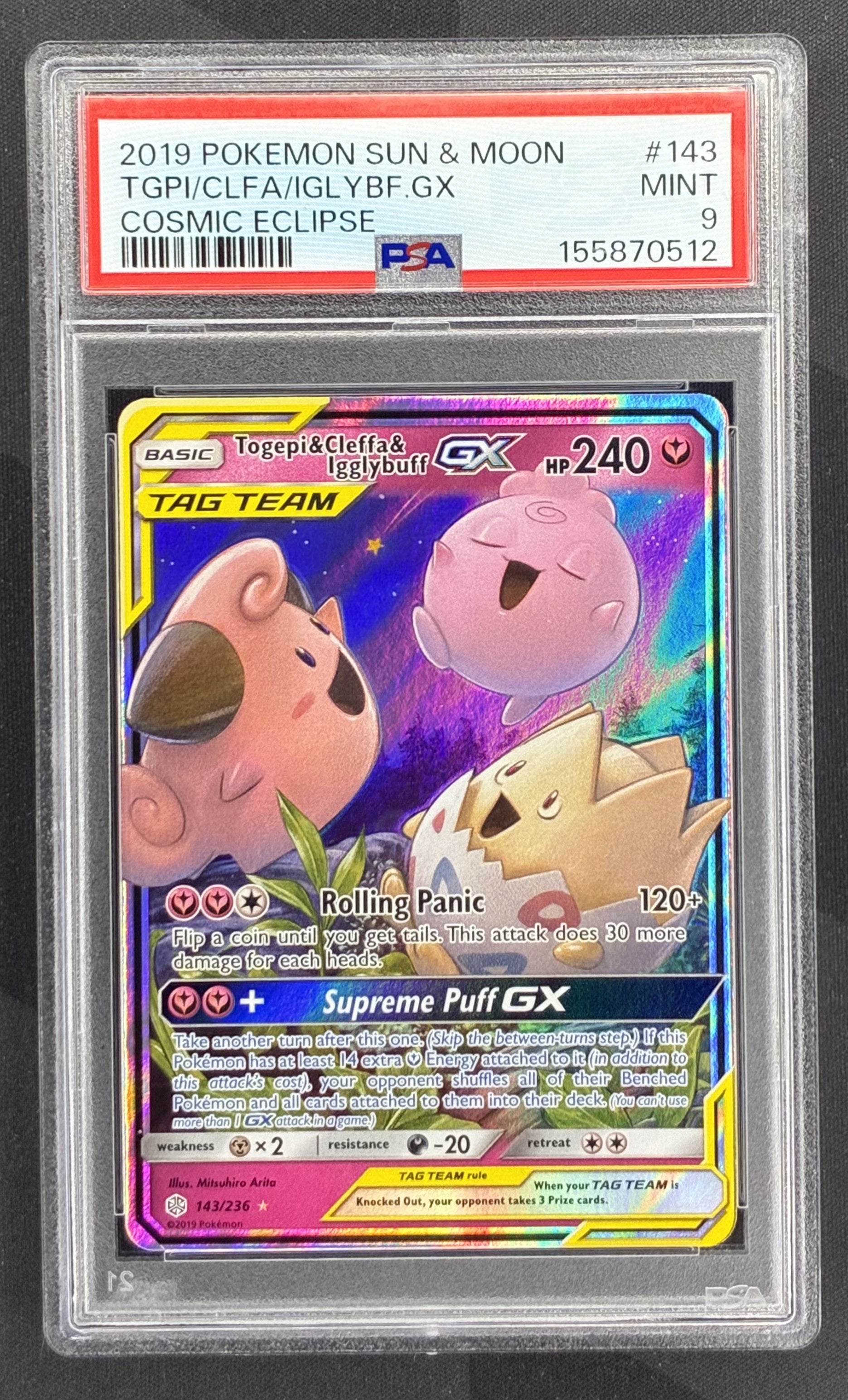 2019 Pokémon Togepi & Cleffa & Igglybuff GX 143/236 Cosmic Eclipse PSA 9 Mint graded English trading card.