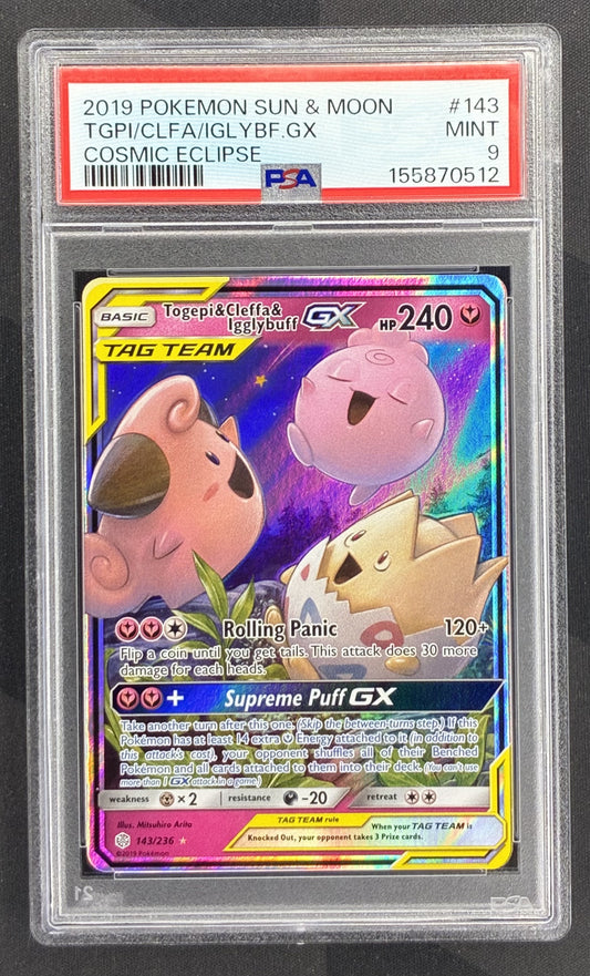 2019 Pokémon Togepi & Cleffa & Igglybuff GX 143/236 Cosmic Eclipse PSA 9 Mint graded English trading card.